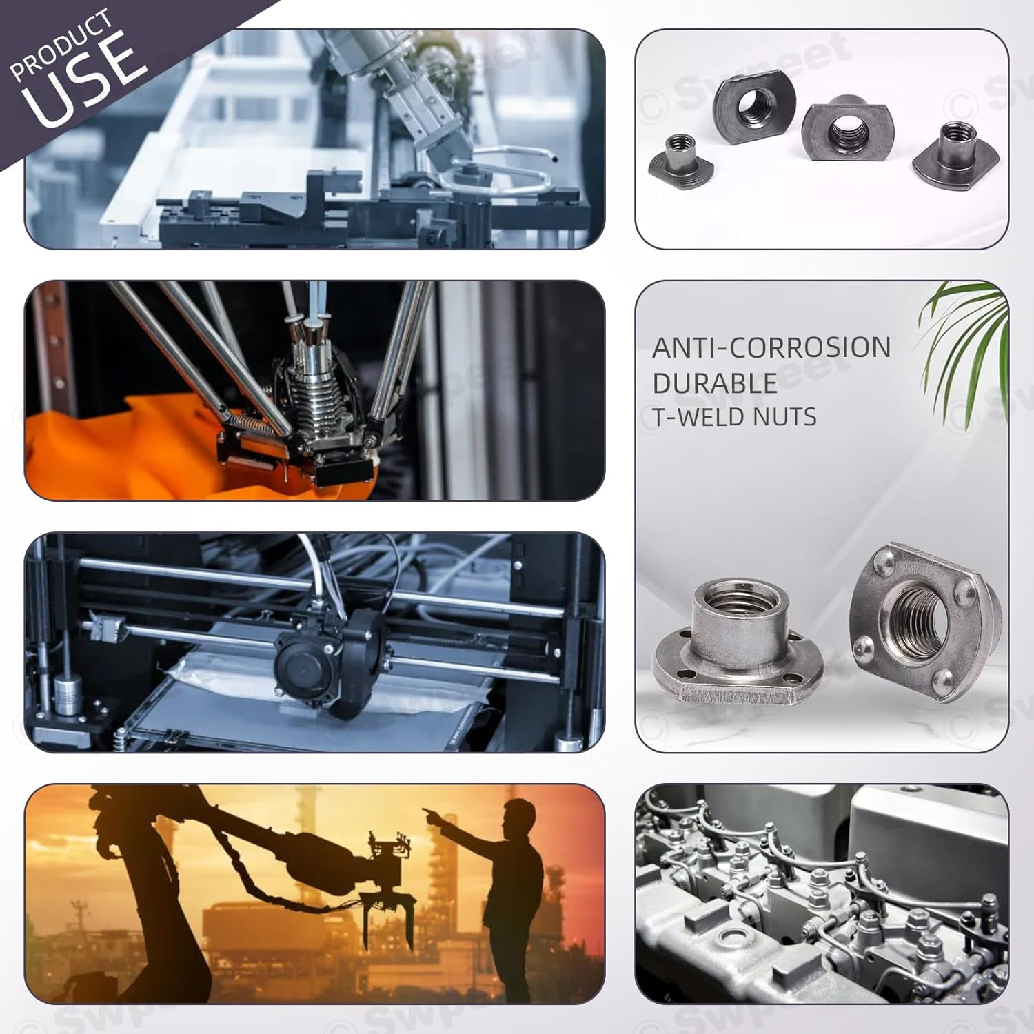 Swpeet 32Pcs M6 M8 M10 M12 Black T-Shaped Weld Nuts Kit, Tab Base UNC Carbon Steel Machine Screw, Welding Hood Fasteners Ideal for Furniture Vehicles Caster and Industry Machine image number 1