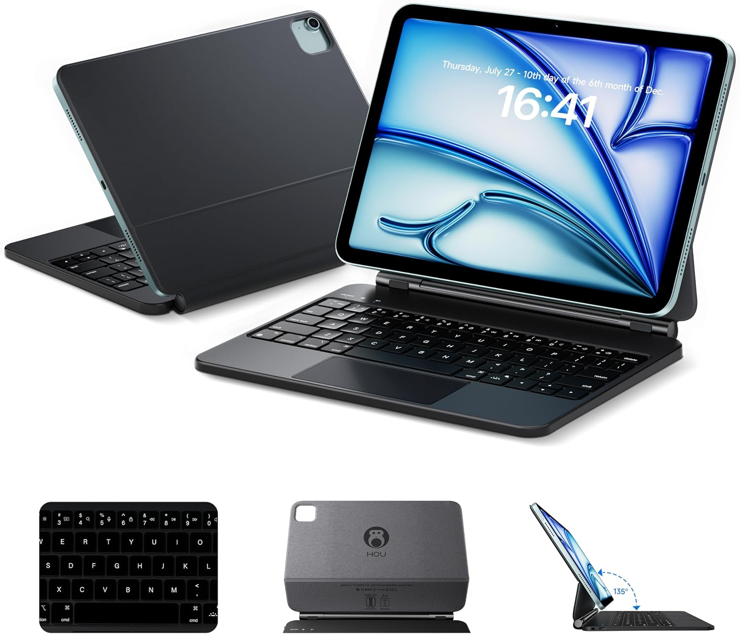 HOU Magnetic Keyboard Case for Ipad Air 11/Pro 11/Air 5&4, 135&deg; Wider Adjustable Tilt, Smooth Ag-Glass Touchpad, 12 Shortcut Key Combinations, 7-Color Backlight, Deeper 1.4Mm Key Travel, Bluetooth