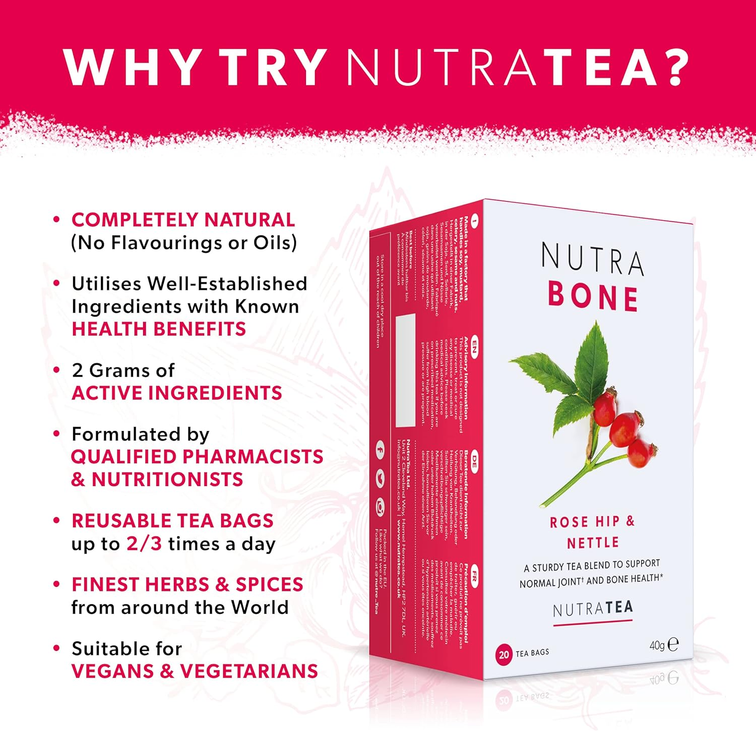NUTRABONE - Bone Health Tea | Bone Strength Tea - Helps Maintain Bone Density & Joint Care - Includes Ginkgo Biloba, Rosehip & Devil'S Claw - 20 Enveloped Tea Bags - by Nutra Tea - Herbal Tea