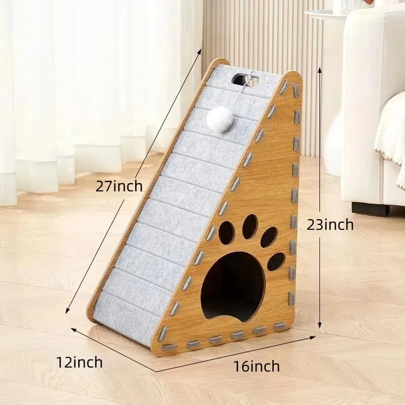 Cat Beds for Indoor Pets, 27" (70Cm) Slope X 23" (60Cm) Base Extra-Large Cat Cave, Cozy House with Fluffy Ball Hanging, Scratch Resistant Felt Kitten Hideaway House, Climbing Slope, Grey image number 3