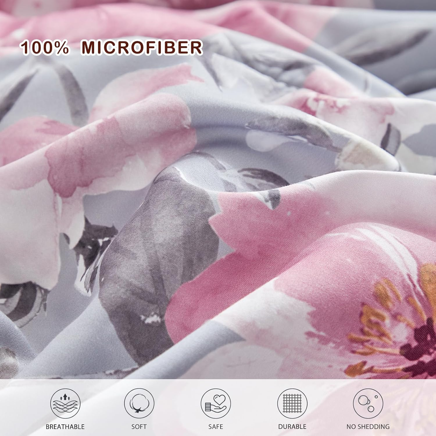 Joyreap 3Pcs Floral Comforter Set King, Tie-Dye Pink Flowers on Gray Design, Microfiber Lightweight Bedding Comforter Set for All Season- 100X88 Inches image number 5