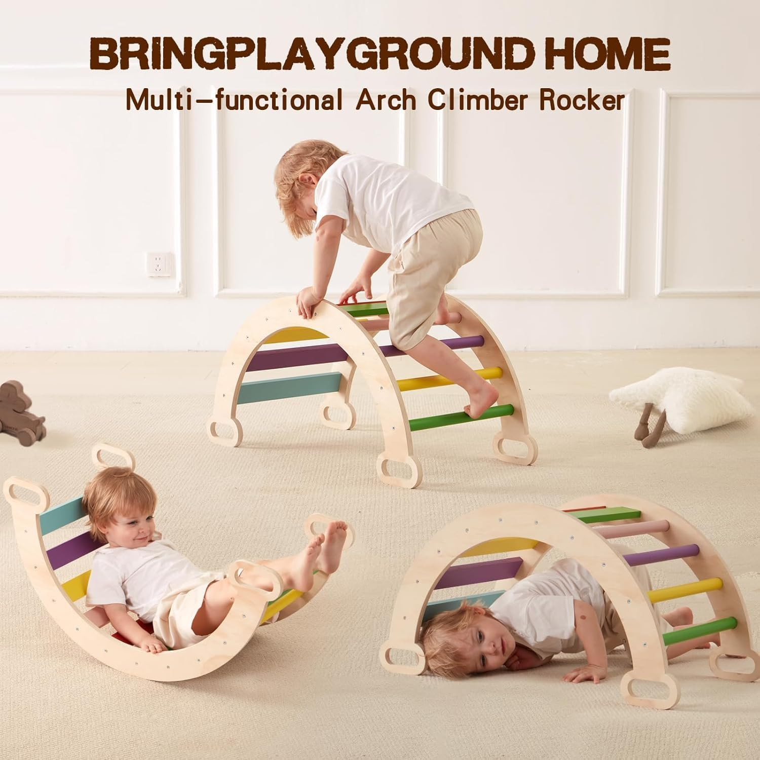 Pikler Triangle Set 7In1 Foldable Baby Climbing Toys Wooden Montessori Climbing Set with Arch&Ramp&Ladder Baby Climber Indoor Jungle Gyms for Toddlers Montessori Toys - Rainbow (Rainbow) image number 6