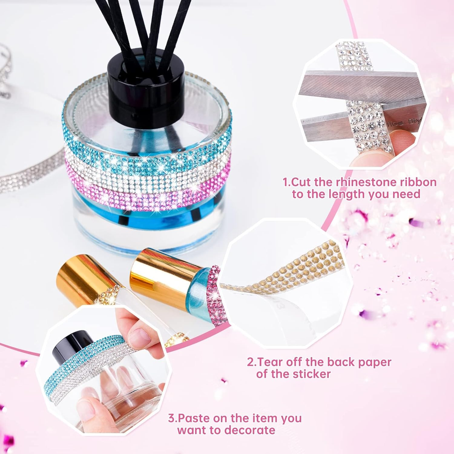 Self Adhesive Crystal Rhinestone Diamond Ribbon 12 Rolls 0.9Cm Wide Total 12 Yards Multi-Functional DIY Decorative Bling Gemstone Arts Crafts Sticker Tape Glitter image number 6