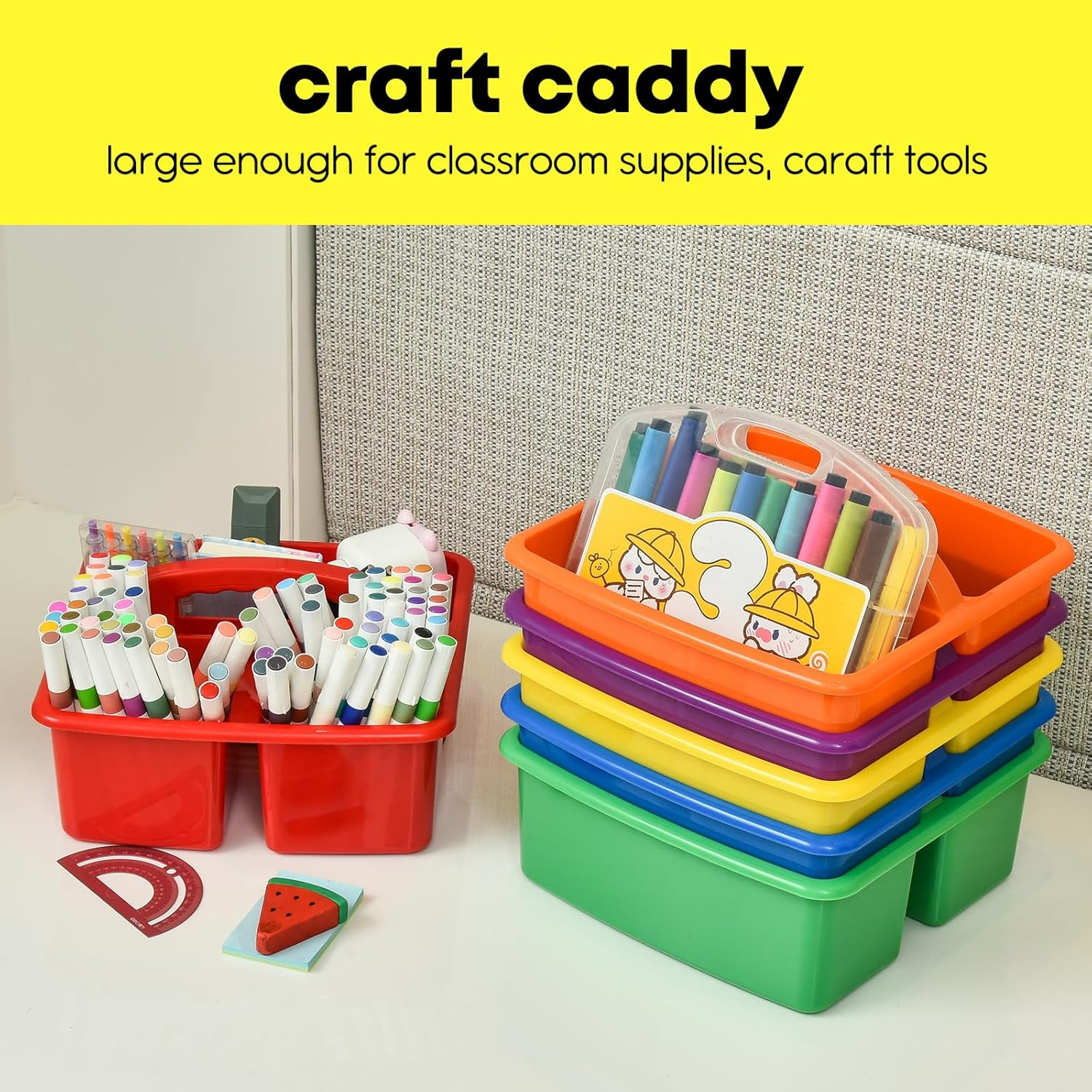 Plastic Classroom Storage Caddy Organizer with Handle, 6-Pack 3 Compartments, Teacher Supply Caddy for Classroom Organization, Table, Desk, Office, Craft Art Caddy for Kids - Assorted Colors image number 3
