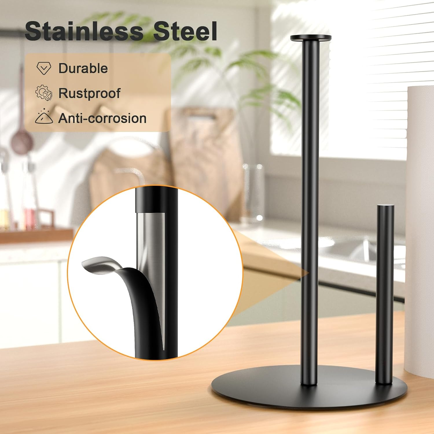 Paper Towel Holder Countertop, Premium Stainless Steel Kitchen Roll Dispenser for Kitchen Organization and Storage,Weighted round Base Vertical Paper Towel Roll Holder Stand(Black) image number 6