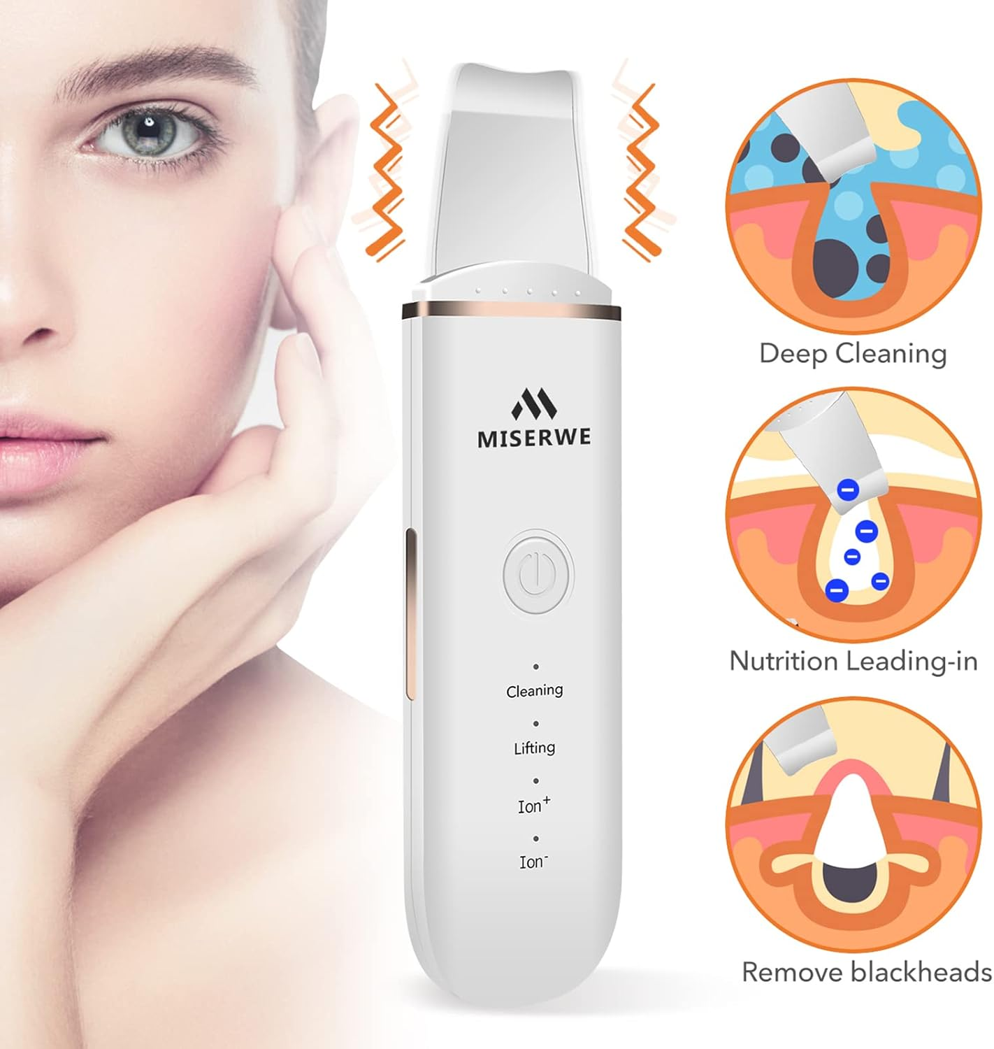 Skin Scrubber Face Skin Spatula Blackhead Remover Pore Cleaner Face Beauty Lifting Tool Comedones Extractor with 4 Modes, Facial Scrubber Spatula for Deep Cleansing with Two Silicone Case - White image number 2