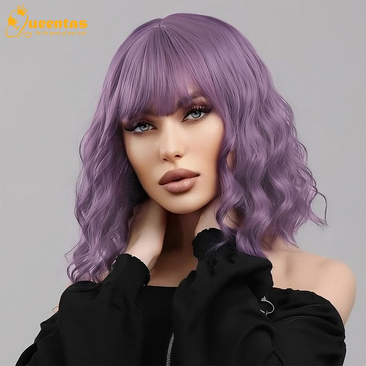 QUEENTAS Purple Wavy Bob Wigs for Women Shoulder Length with Bangs Short Curly Wig for Daily Use Cosplay Synthetic Hair Wig - Blonde image number 2