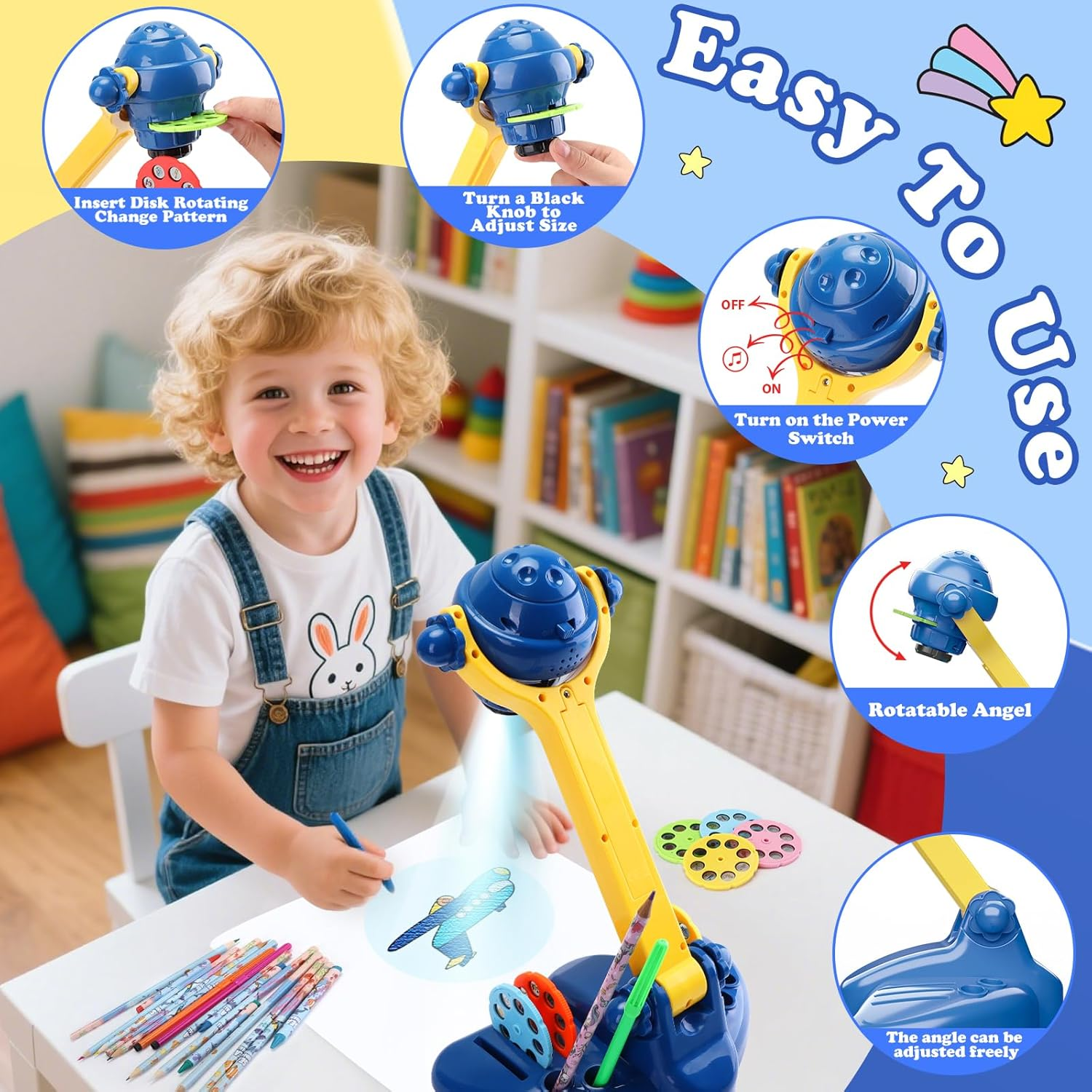 Drawing Projector for Kids, Art and Craft Kit, Including Colored Pencils, Crayons, Coloring Books,Toys for 3+ Year Old Boys (Blue Drawing Kit V2)