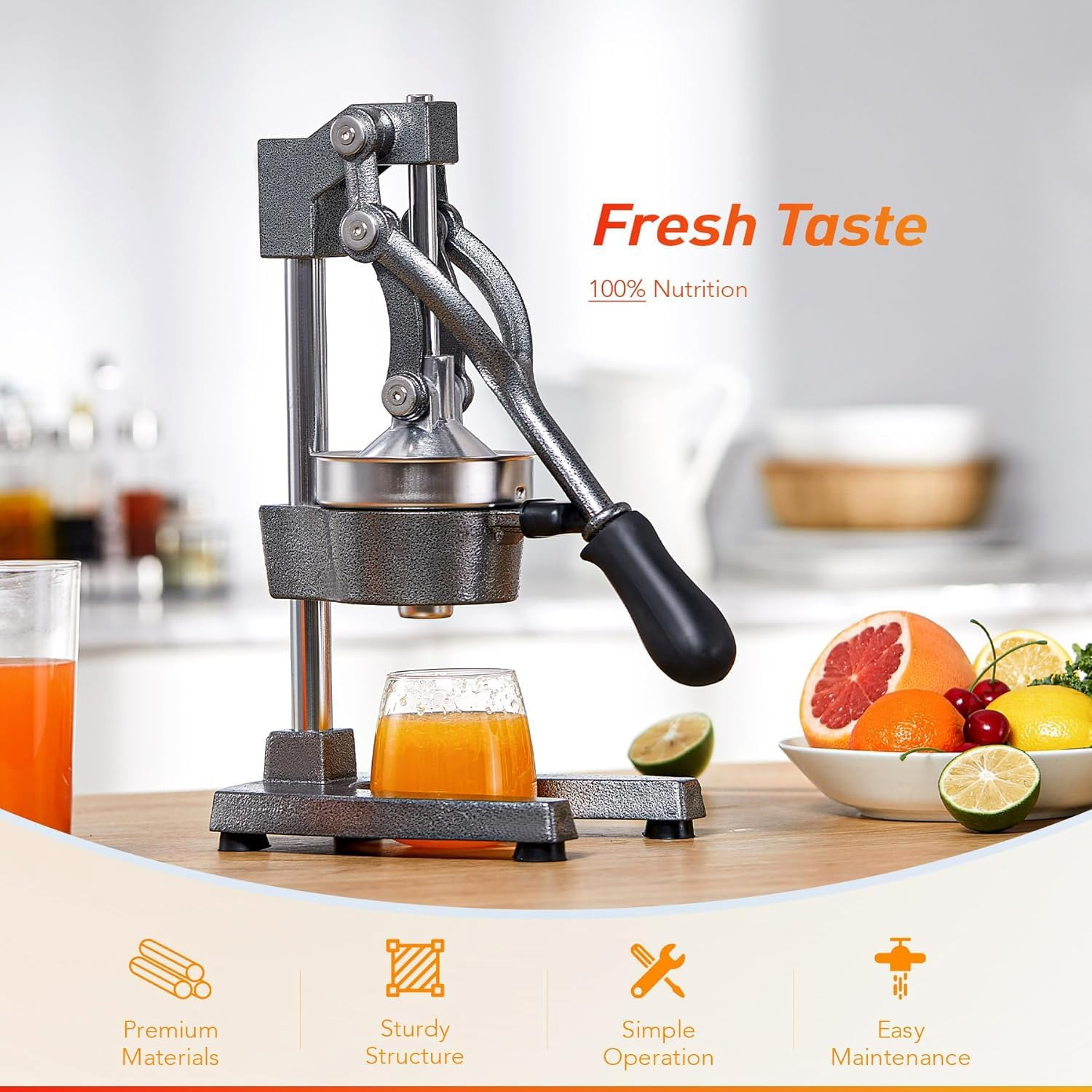 Cast Iron Citrus Juicer, Hand Press Juicer Machine for Orange Juice Pom Lime Lemon Juice, Large Commercial Lemon Squeezer and Orange Crusher, Easy to Clean, Gray image number 2