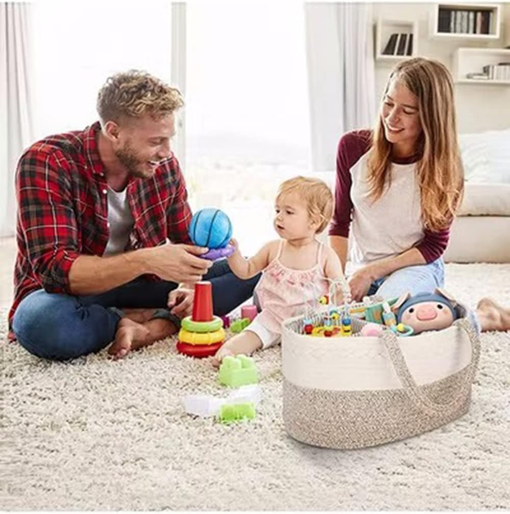 Baby Diaper Caddy Organizer, Cotton Rope Diaper Basket Caddy, Foldable and Portable Storage Basket, Nursery Storage Bin and Car Organizer for Diapers and Baby Wipes