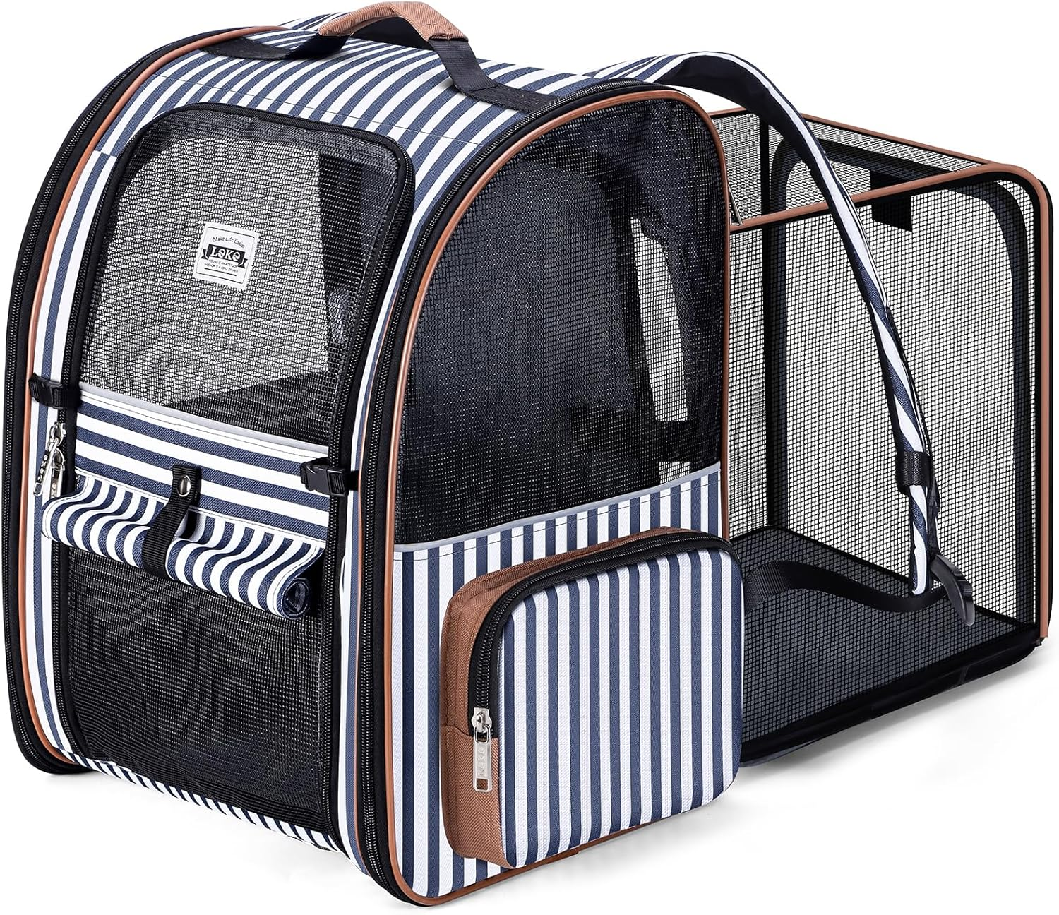 Lekespring Extra Large Cat Backpack Carrier Expandable Pet Carrier Backpack for Small Dogs Medium Cats Fit up to 12 Kg for Travel, Hiking, Blue Striped image number 2