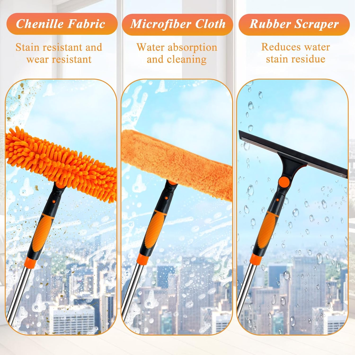 3-In-1 Window Cleaner with Telescopic Rod, Telescopic Window Wiper 3M, Long Handle Window Cleaner Set with Silicone Window Squeegee and Microfibre Cloth Brushes, Window Cleaning Set for Glass, Mirror image number 3