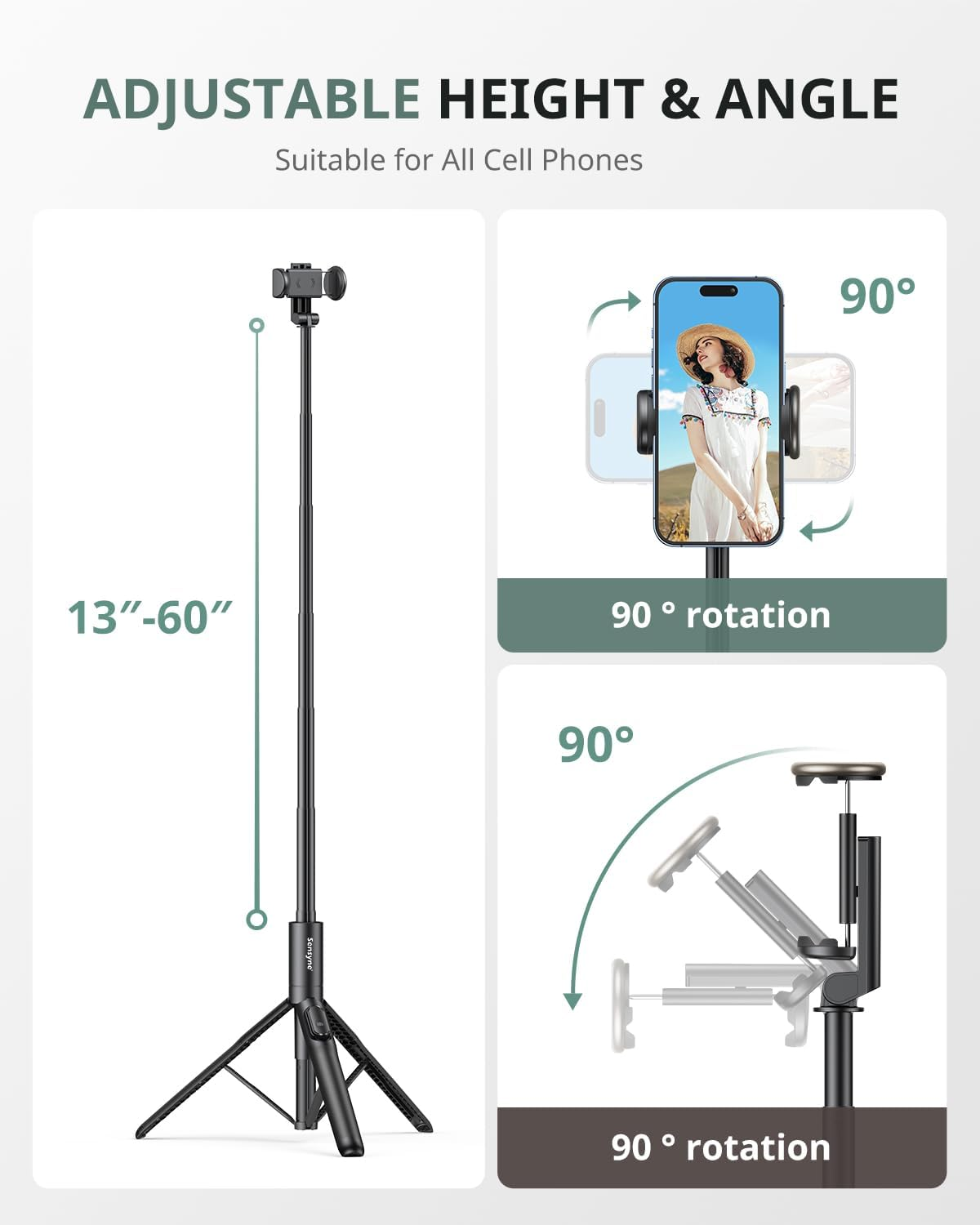Sensyne 60" Phone Tripod & Selfie Stick, Lightweight All in One Phone Tripod Integrated with Wireless Remote Compatible with All Cell Phones for Selfie/Video Recording/Photo/Live Stream/Vlog（Black - Black image number 2