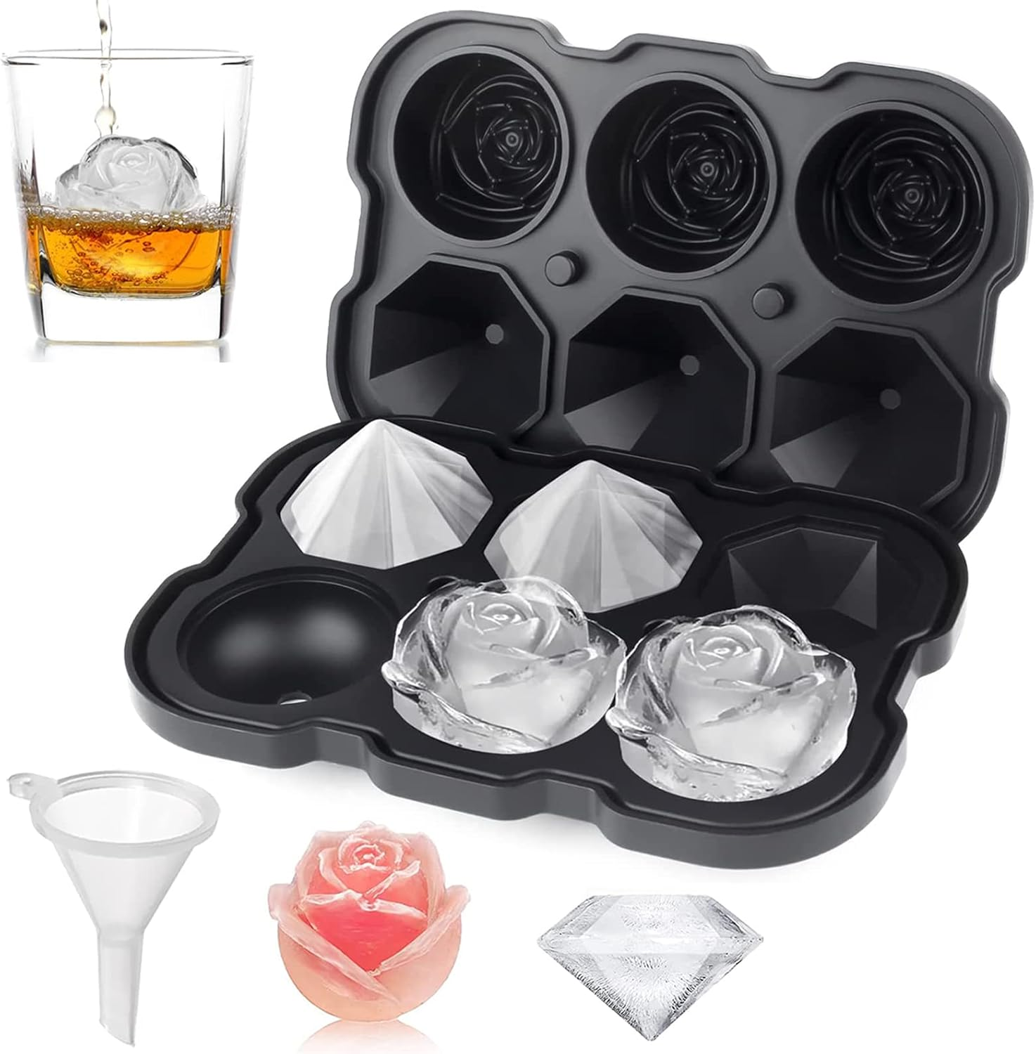 2 Inch Rose & Diamond Ice Cube Tray, 3 Cavity Silicone Rose & Diamond Ice Ball Maker, Easy Release Large Ice Cube Form for Chilled Cocktails, Whiskey, Black, 1 Piece