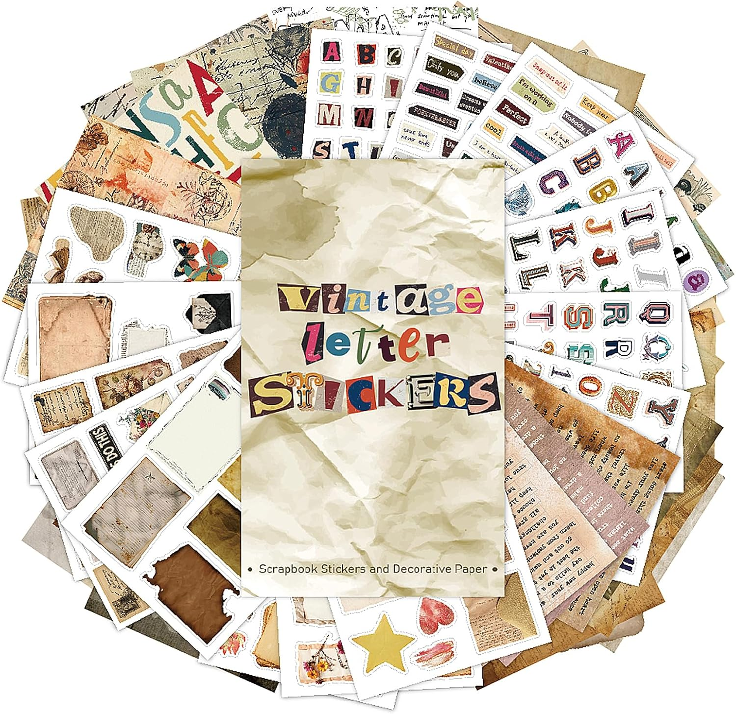 600+ Scrapbook Stickers and 20 Sheets Scrap Paper Book for Scrapbooking, Vintage Letter & Number Stickers for Journaling, Junk Journal Supplies, Planner, DIY Crafts Arts