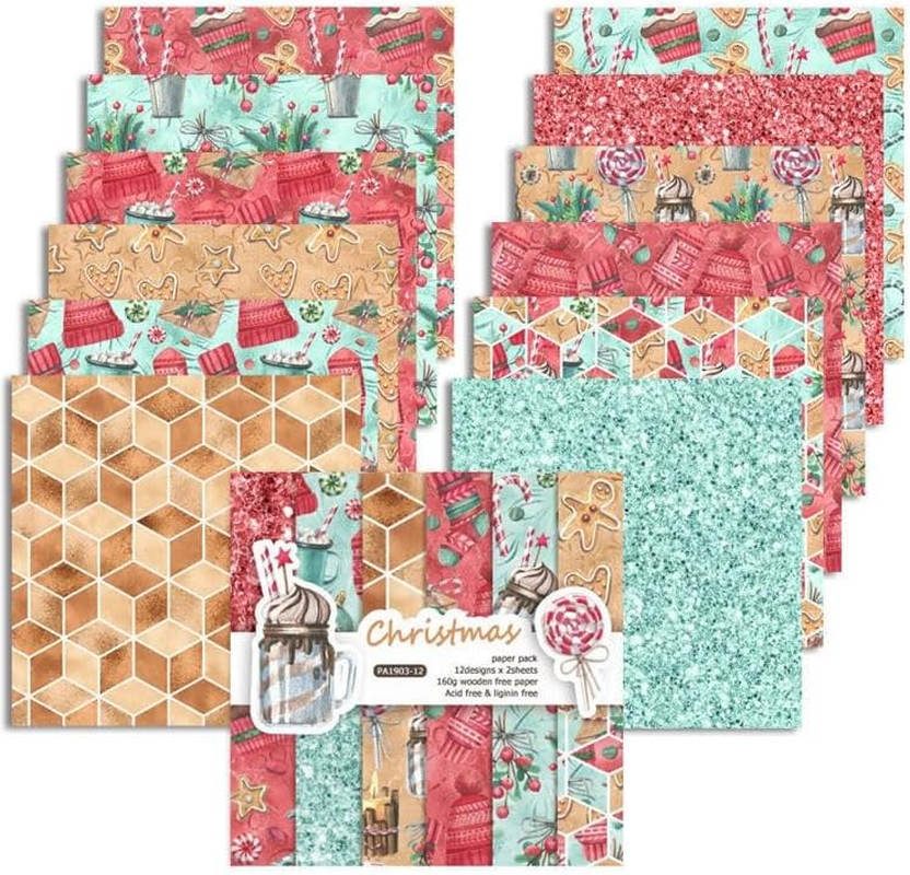Syntego 24 Sheets, 12 Designs Cute Christmas Decorative Acid Free Scrapbook Paper Set 160Gsm,Single Sided 15.2Cm X 15.2Cm (6In X 6In) image number 1
