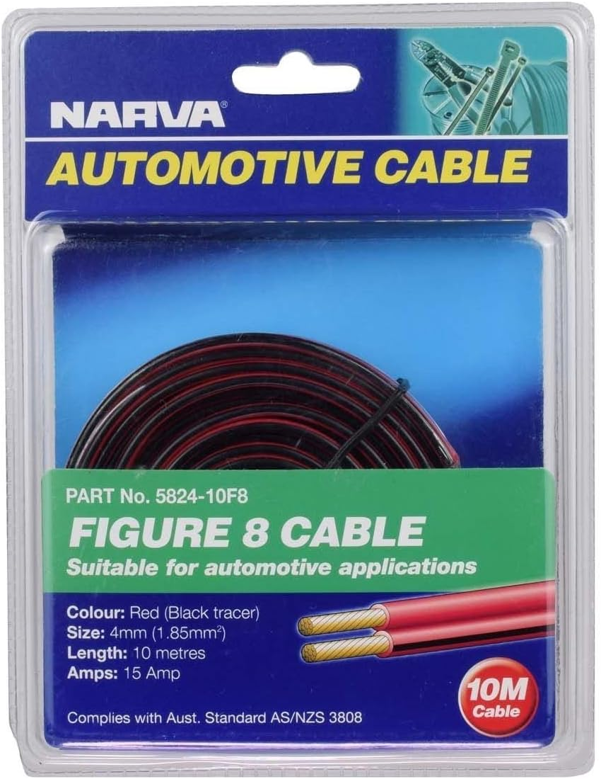 Narva 15A Twin Core Figure 8 Cable, Red with Black Tracer, 4 Mm Diameter, 10 Metre Length