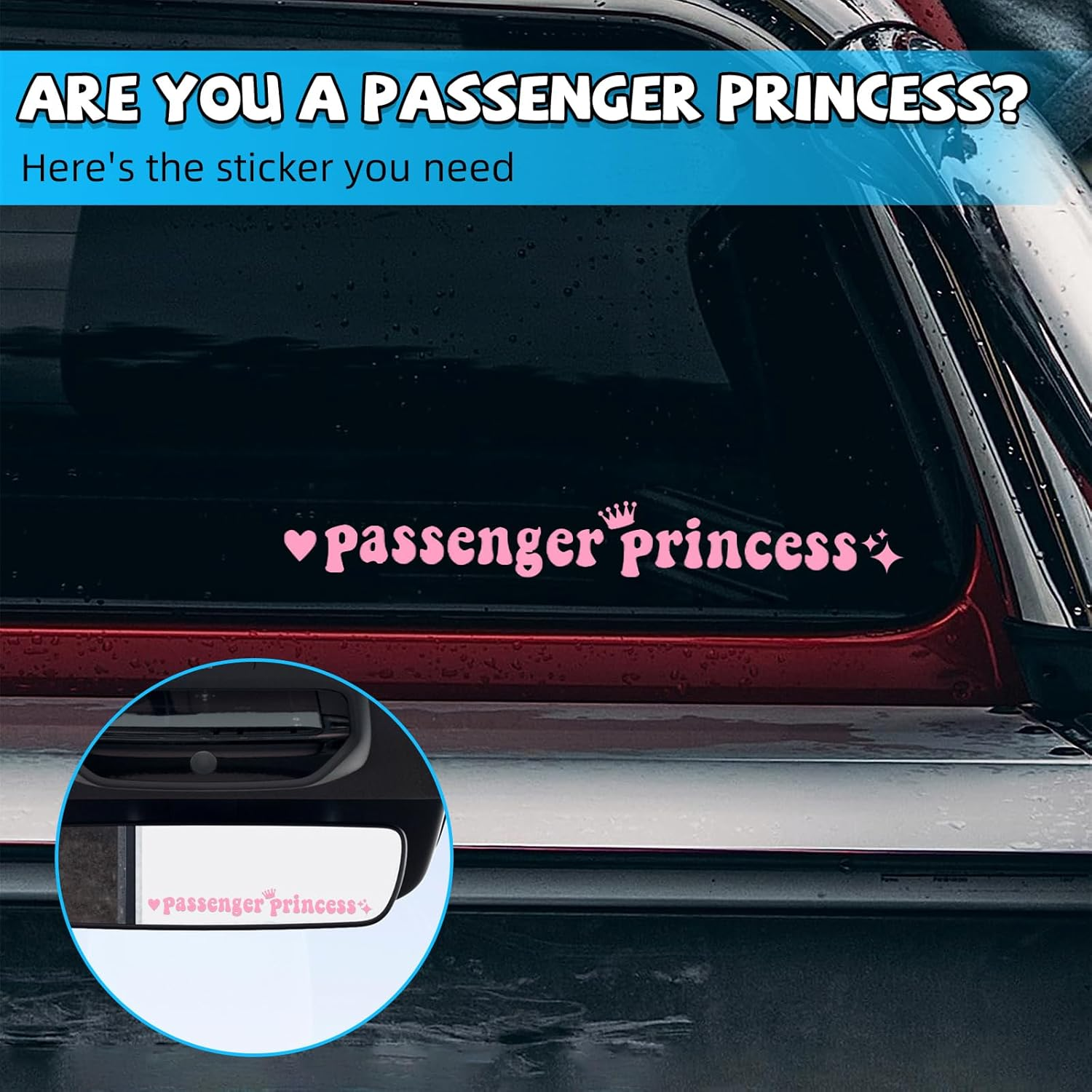 Kewucn Passenger Princess Sticker, 2 PCS Funny Girl Car Decoration Sticker for Window Rear View Mirror, Universal Cute Vinyl Letter Decals Car Accessories for Women Girls Cute Queen(6 Inch, Pink) image number 1