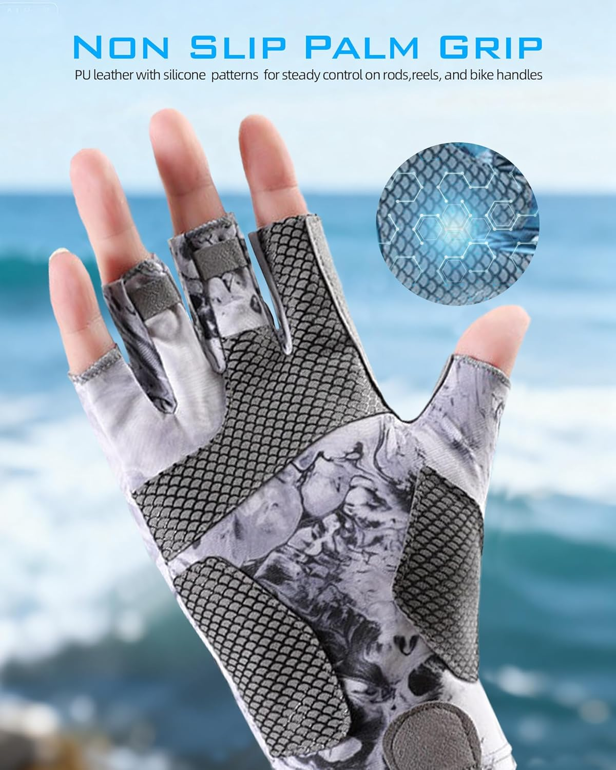 Reelfin Sun Gloves UPF 50+ Fishing Gloves, Fingerless Sun Protection UV Protection Stretch Fishing Gloves for Men Women - Sky Blue image number 6