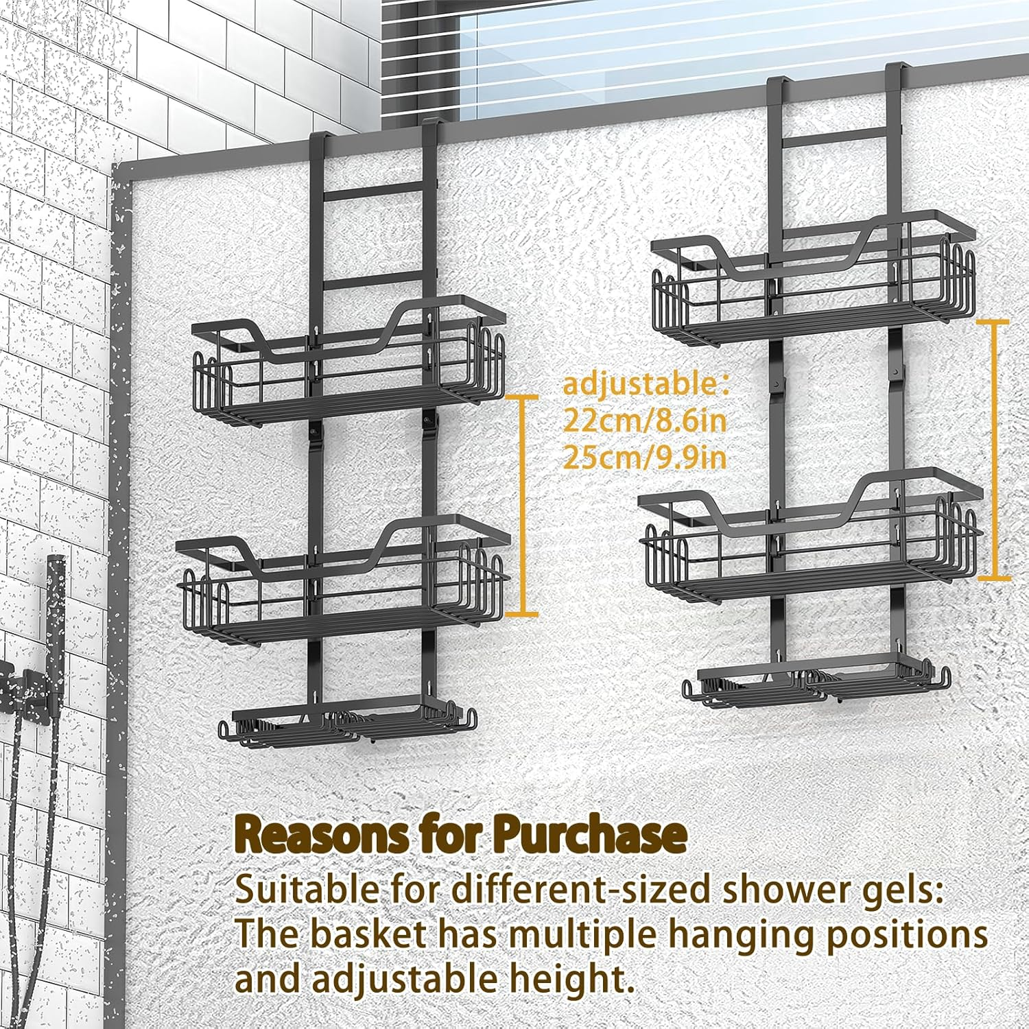 Gabeeriso over the Door Shower Caddy Hanging, Rustproof Bathroom Caddy Shower Shelf with 16 Hooks,Bathroom Organizer Space-Saving Storage for Shampoo, Soap & Towels(Black 3-Tier Over-The-Door) image number 2