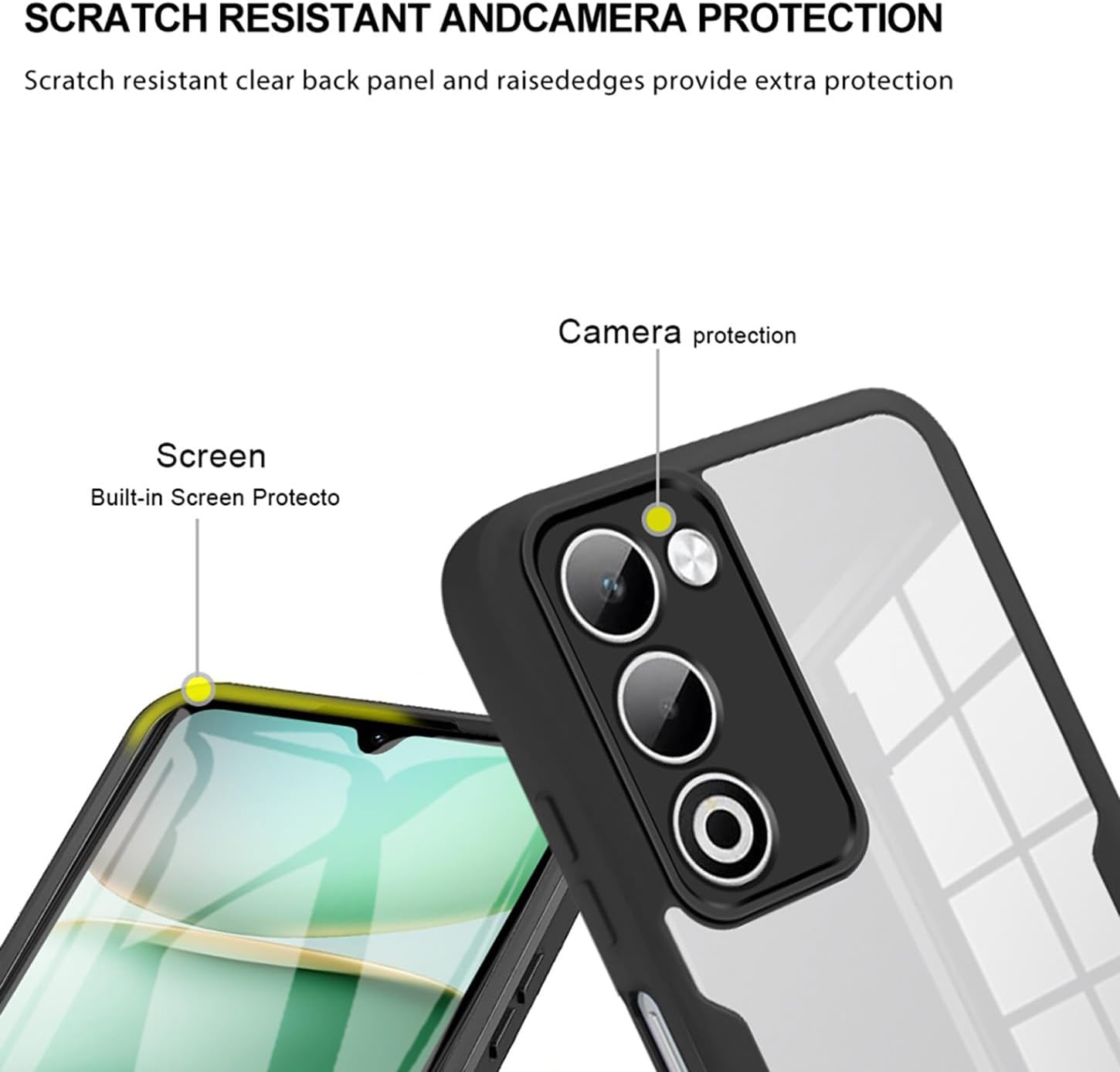 ILING Transparent Case for Oppo A5M / Oppo A5 5G/4G, 360 Degree Full Body Shockproof Protective Case with Built-In Screen Protector, Ultra Thin Hard PC Silicone TPU Mobile Phone Case (Black)