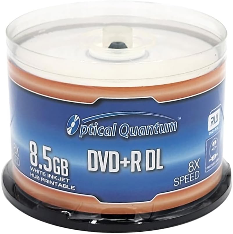 Optical Quantum OQDPRDL08WIP-H 8 X 8.5GB DVD+R DL White Inkjet Printable Double Layer Recordable Blank Media, 50-Disc Spindle