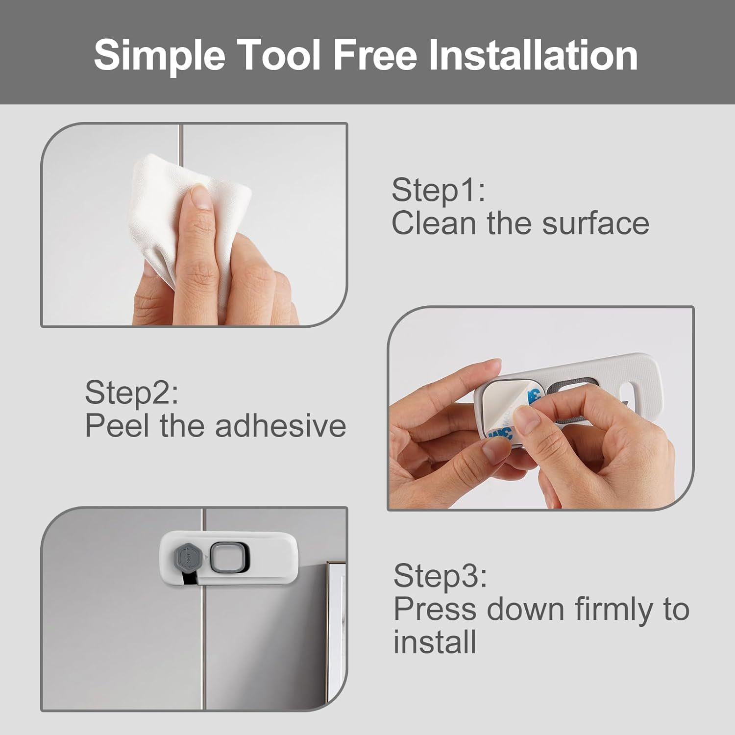 2 Pack Childproof Refrigerator Lock,Fridge Locks,Freezer Lock Apply to Max 1"(25Mm) Sealing Strip,Cabinet Cupboard Lock for Toddlers,Easy to Install,No Tools Need or Drill,Grey image number 2