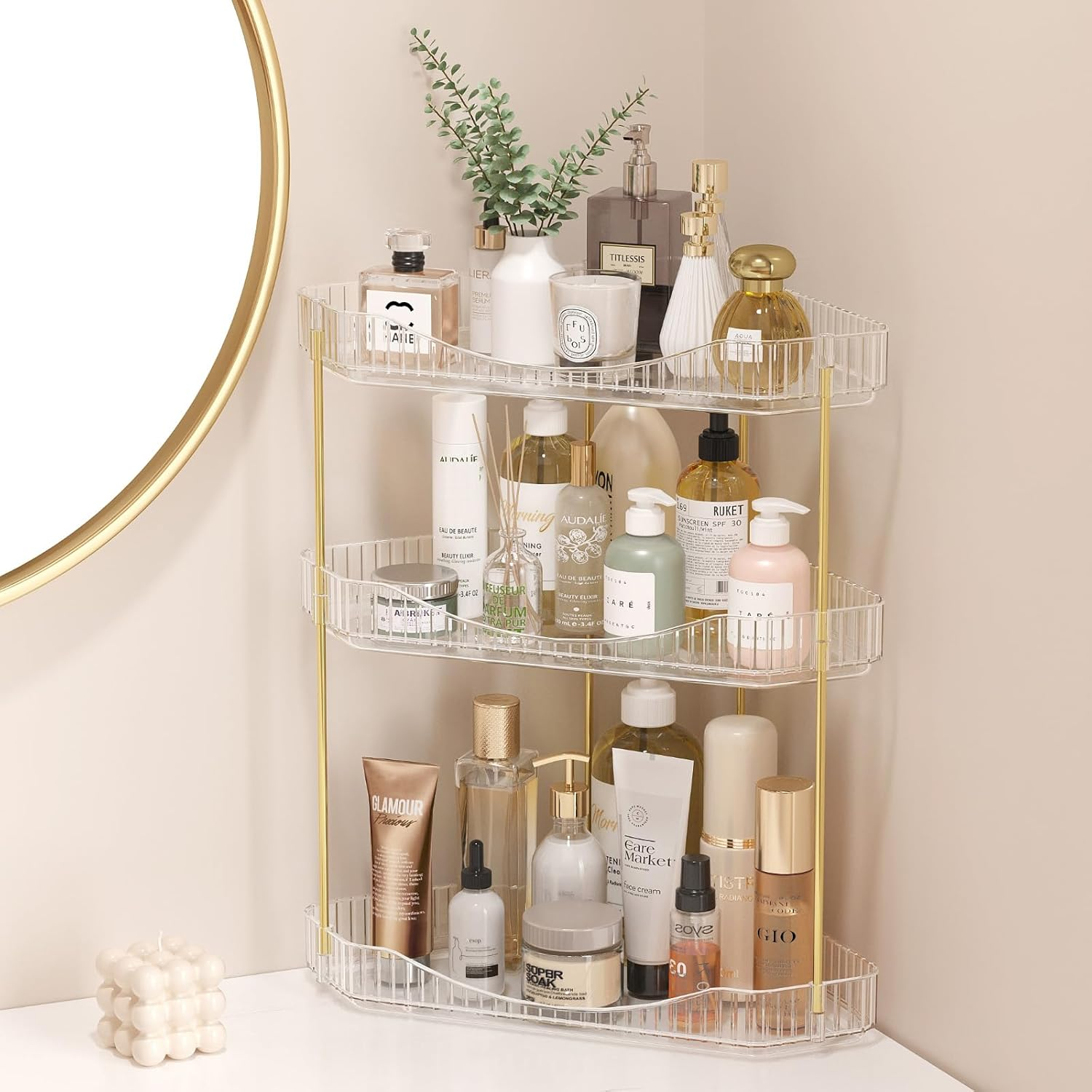 Lifewit 3-Tier Bathroom Organiser Countertop Storage, Plastic Makeup Skincare Organiser, Vanity Perfume Trays Counter Shelf, Corner Shower Caddy, Corner Storage in Dresser, Bedroom, Kitchen, Clear image number 6