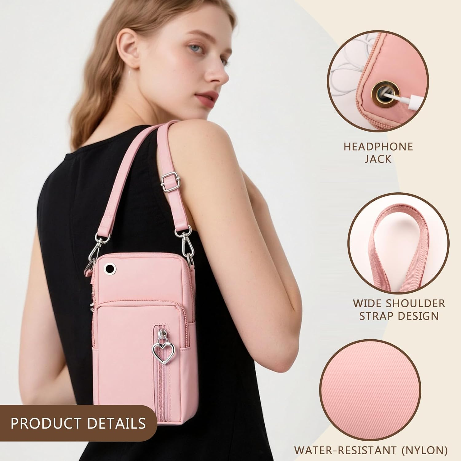 Women'S Nylon Crossbody Phone Bag, Small Cellphone Purse Cute with Zipper &ndash; Multi-Function Travel Handbag, Phone Wallet for Women, Soft Water-Resistant, Suitable for Phone PM (Pink) image number 6