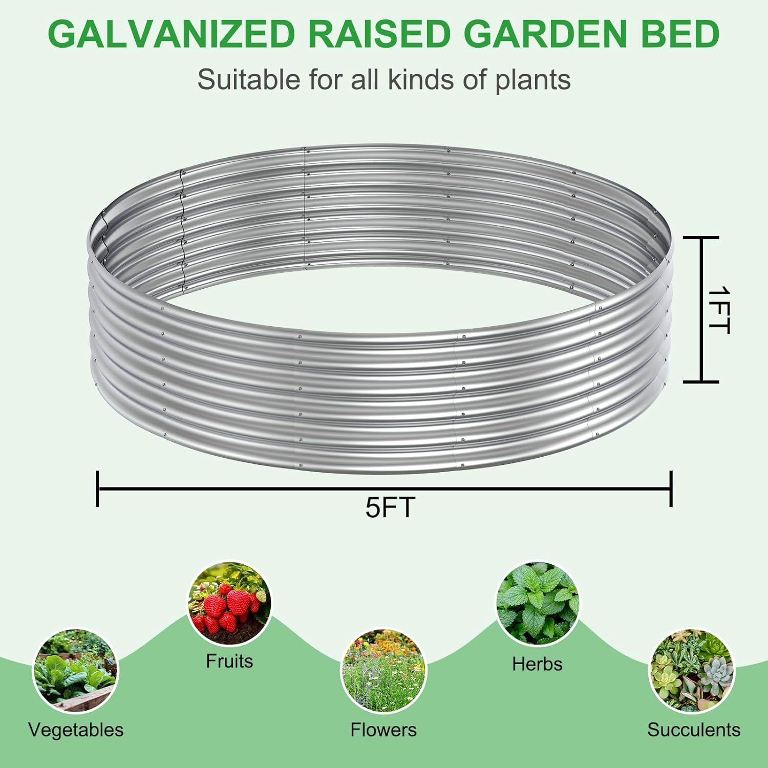 Galvanized Raised Garden Bed Kit, 5X5X1Ft Large Outdoor Planters Boxes, Metal round Planter Raised Beds for Gardening Vegetables, Fruits, Flowers, Easy Assembly image number 1