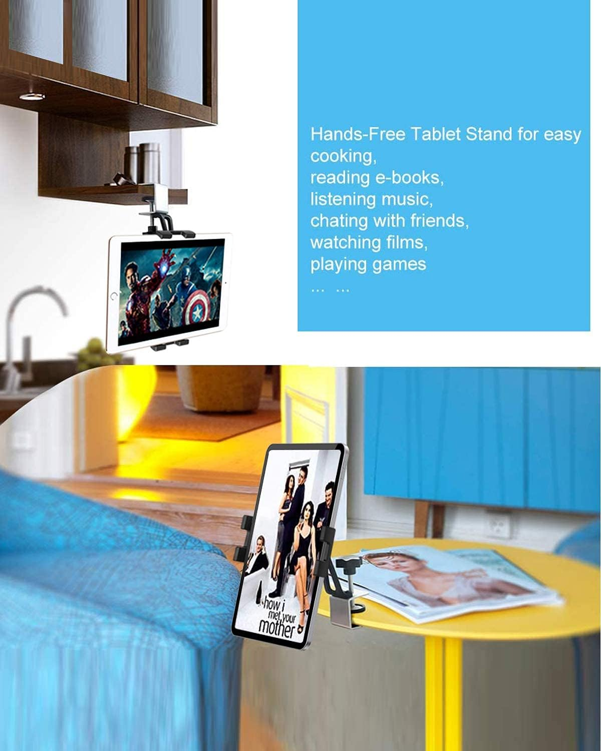 Woleyi Kitchen Cabinet Tablet Mount, Easy-Install under Cabinet Tablet Clamp Holder Stand for Ipad Pro/Air/Mini, Galaxy Tab/Z Fold, Fire HD, Surface Pro, Switch, Iphone, 4-13" Cell Phones and Tablets image number 1