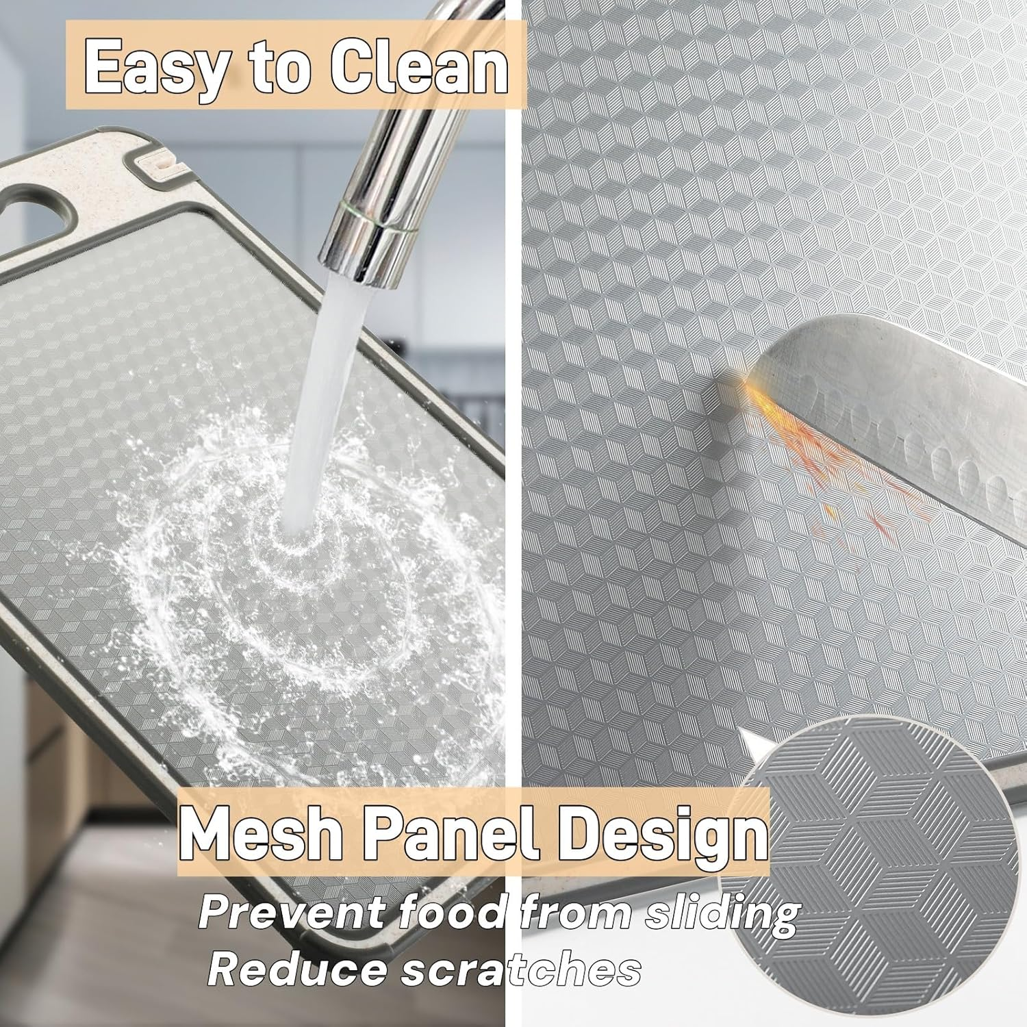 CHDEXU Double Sided Cutting Board for Kitchen, 304 Stainless Steel and Wheat Straw Chopping Board for Meat Vegetables Fruit, Cutting Boards with Handle and Non Slip Design image number 2