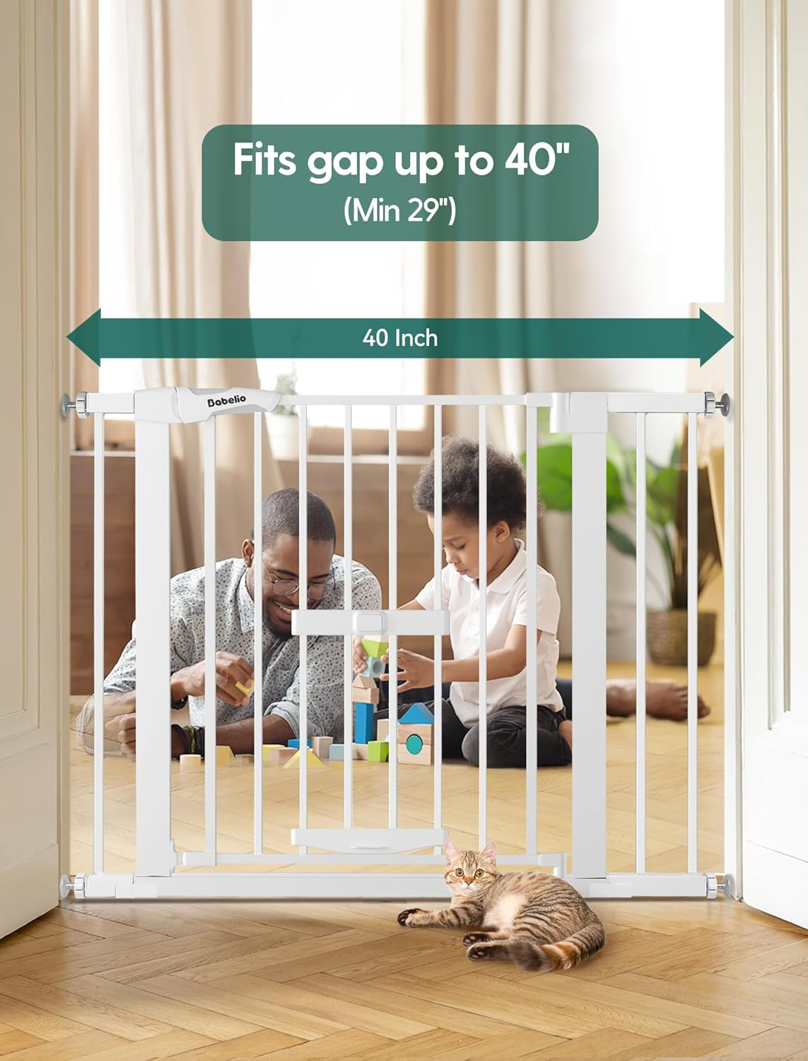 BABELIO Baby Gate with Cat Door, 73.7-101.6 CM Metal Dog Gate for Stairs & Doorways, Pressure Mounted Safety Gate with Pet Door, NO Tools Needed (76.2 CM Tall, White) image number 2