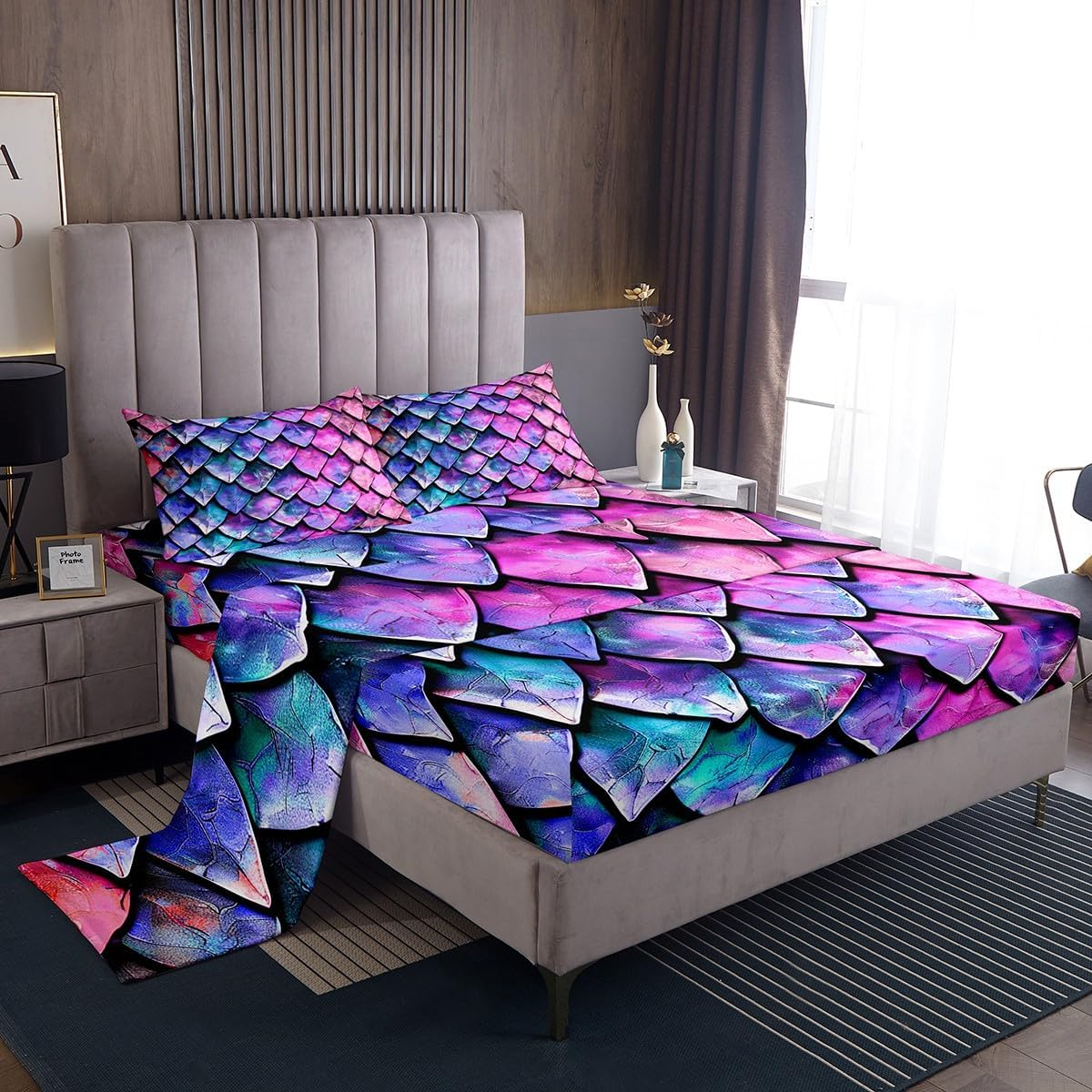 Feelyou Dragon Scale Bed Sheets Set Twin Size Wild Animal Skin Sheet Set for Kids Girls Decor Glitter Psychedelic Animal Sheets with Deep Pocket Fitted Sheet Wild Safari Theme Purple Pink Bedding Set image number 6