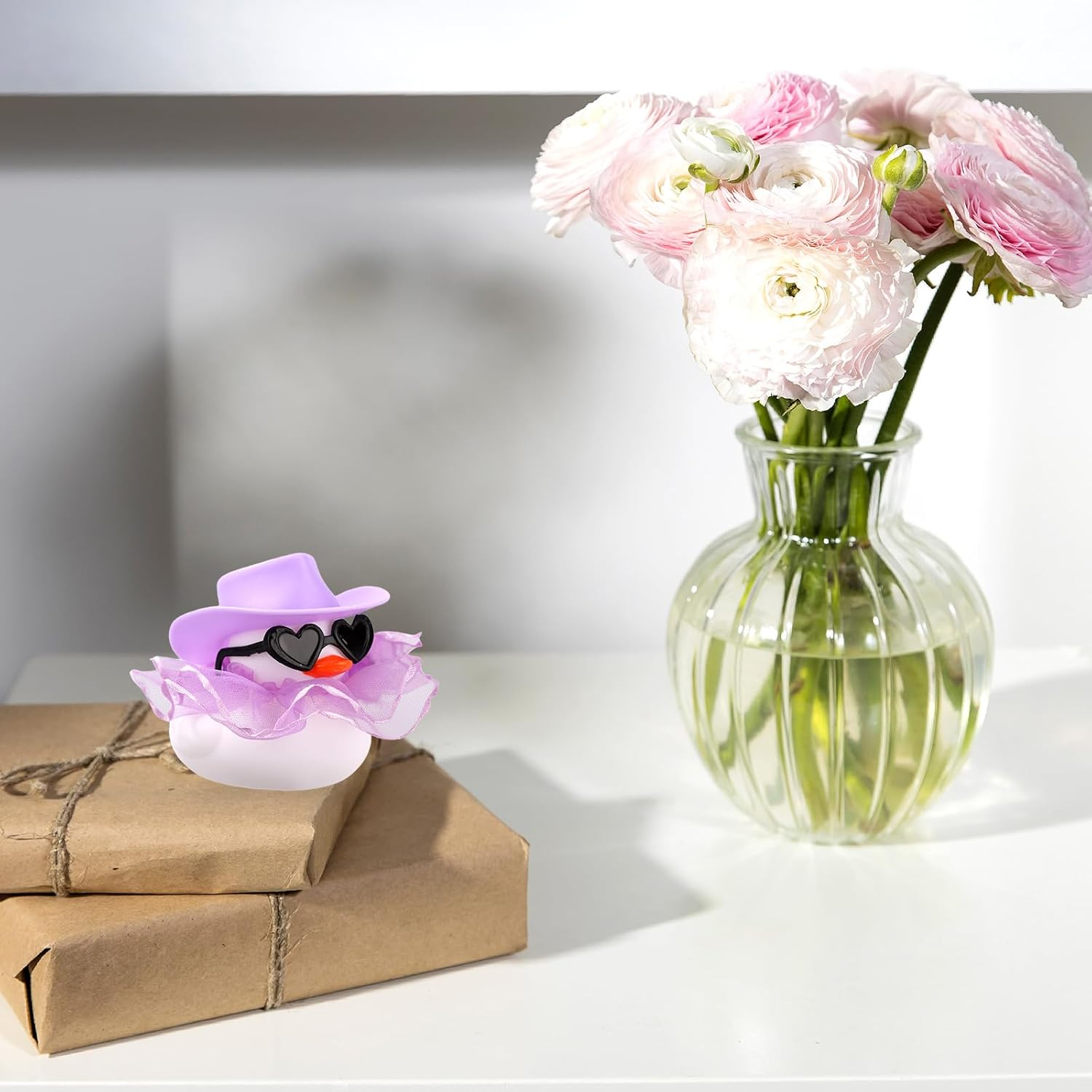 XIHIRCD Car Ducks for Dashboard, Cute Car Rubber Duck Ornament Purple Duck Decoration Accessories with Glasses Hat Skirt for Car Table Refrigerator Decoration image number 3