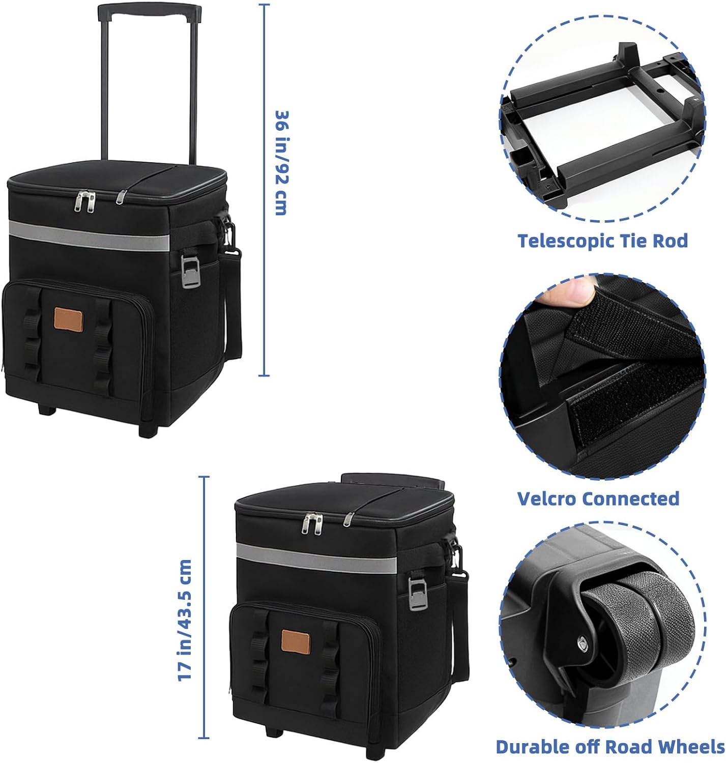 35L Collapsible Insulated Cooler Bag, Black Large Lunch Box, Leakproof Multi-Purpose Cooler with Wheels and Handle for Camping, Picnic & Grocery