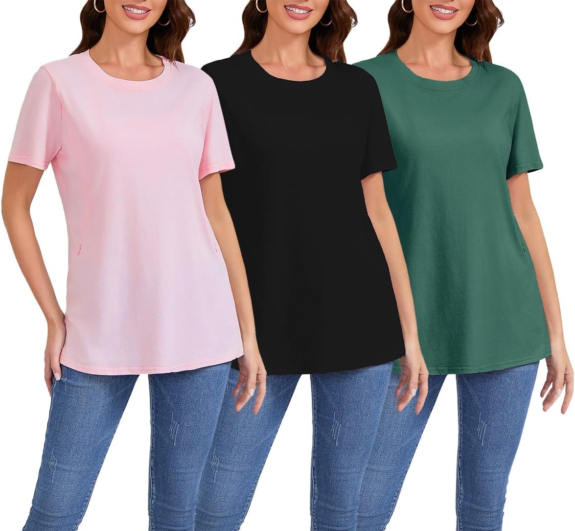 Women Maternity Tops 3 Packs Comfort Breastfeeding Nursing Friendly Zip Tshirt Pregnancy Clothes
