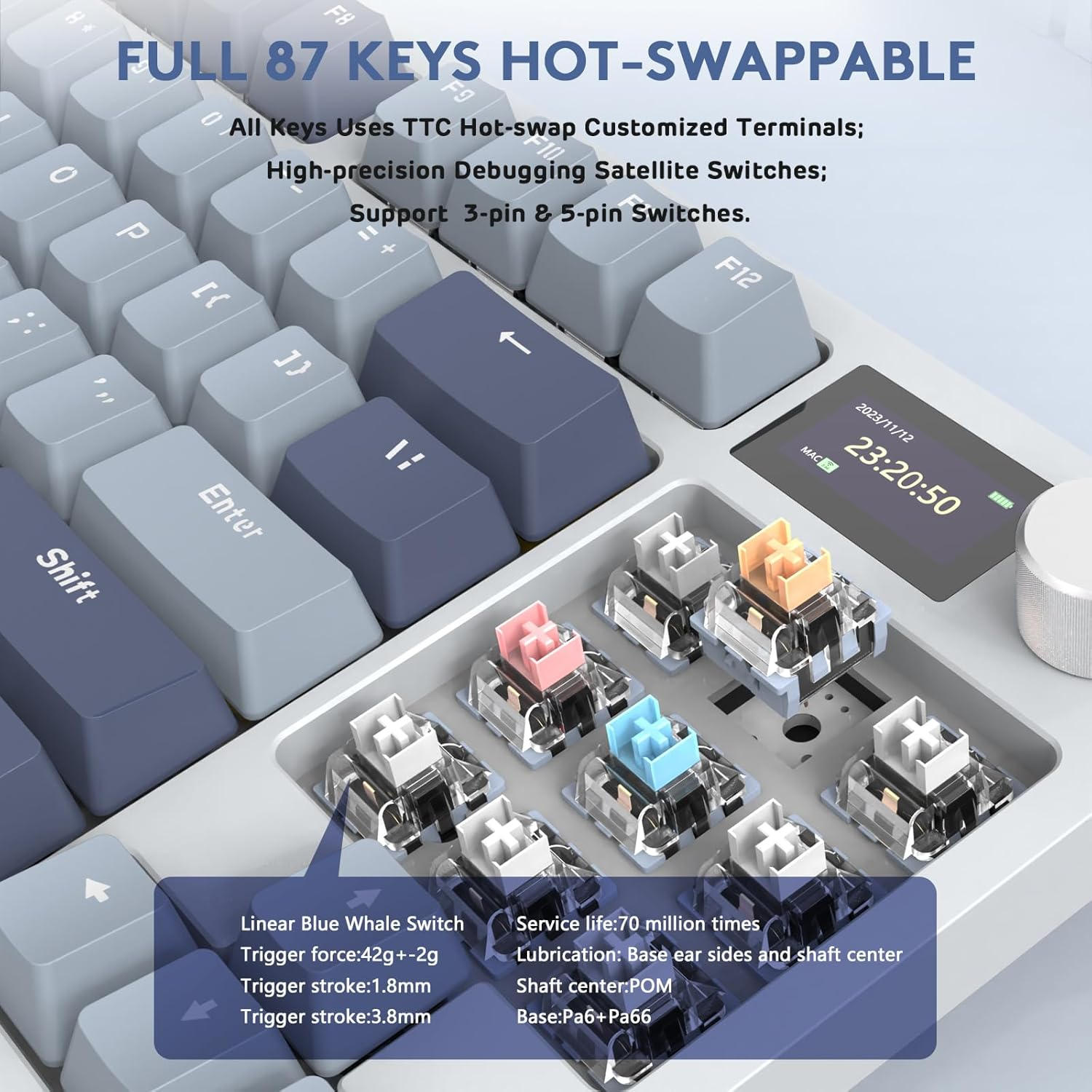 RK86 RGB 75% Wireless Gasket Mechanical Keyboard,Triple Mode Bluetooth5.0/2.4G/Usb-C 82 Keys Hot Swappable Gaming Keyboard 4000 Mah Battery W/Knob & 1.2'' HD OLED Display,Custom Linear Switches image number 5