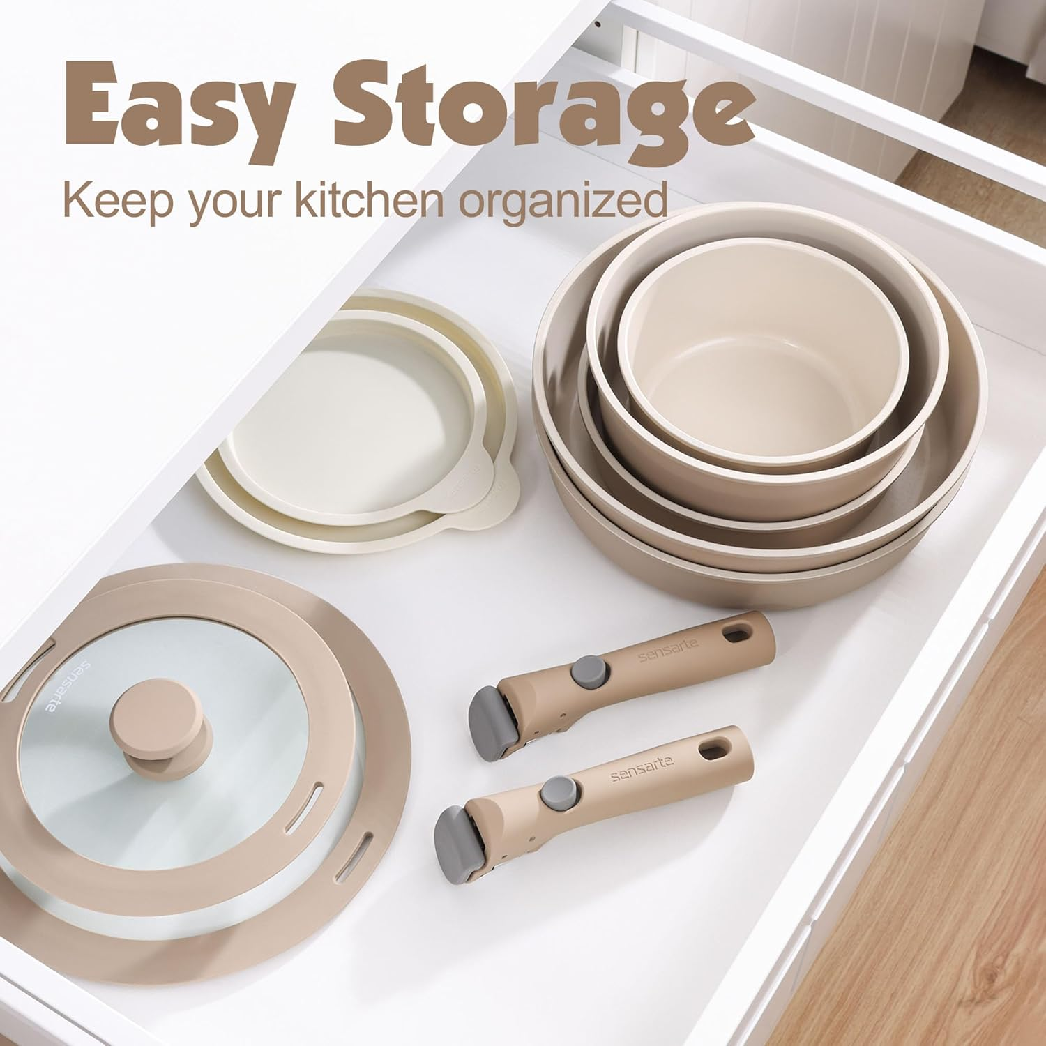 SENSARTE 17 Piece Ceramic Pots and Pans Set, Nonstick Detachable Handle Cookware, Induction Kitchen Cookware Set with Removable Handle, Dishwasher ＆ Oven Safe, PFAS/PTFE/PFOA Free (Almond Beige) image number 3