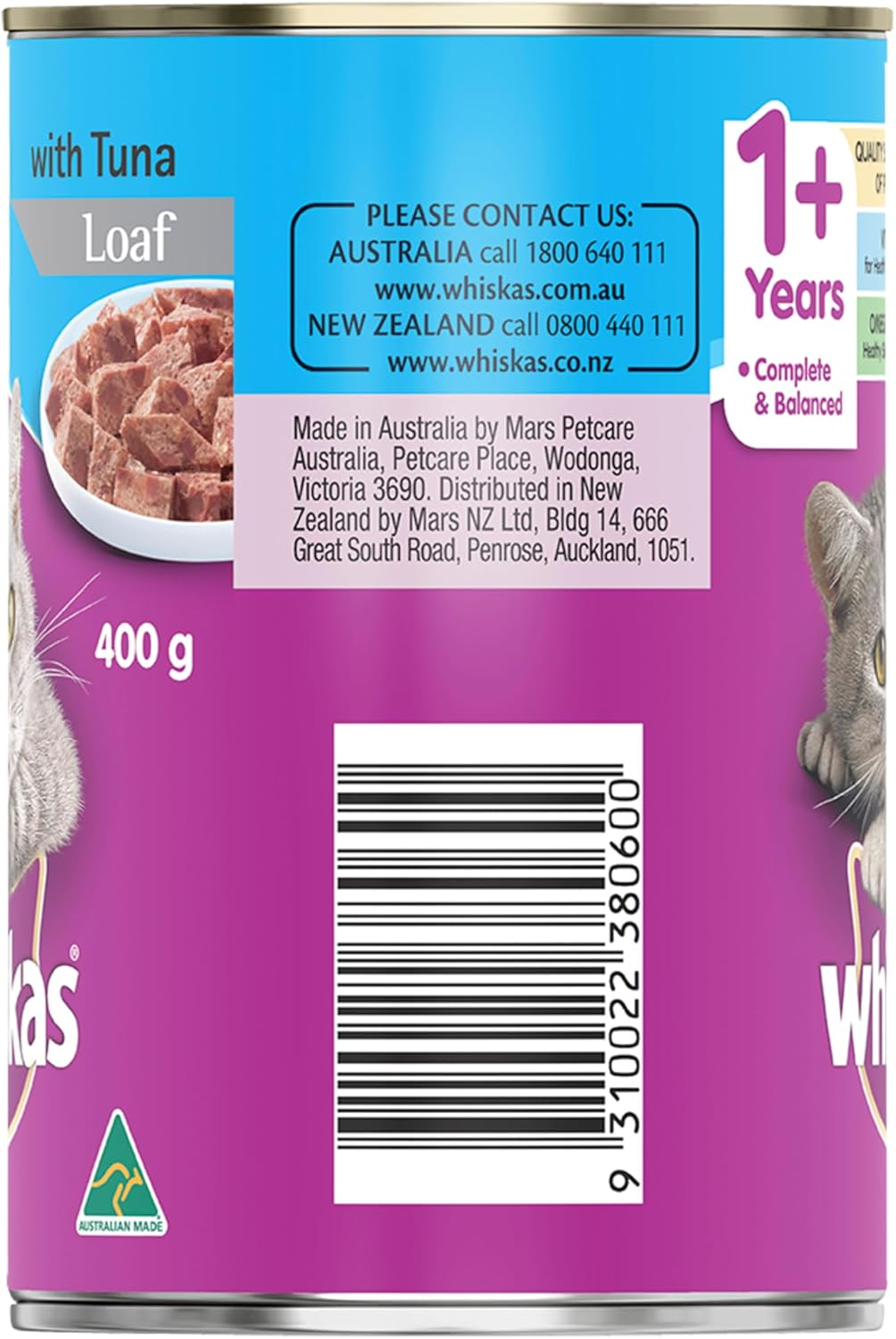 Whiskas Adult Wet Cat Food Tuna Loaf Can 400G Can, 24 Pack image number 1