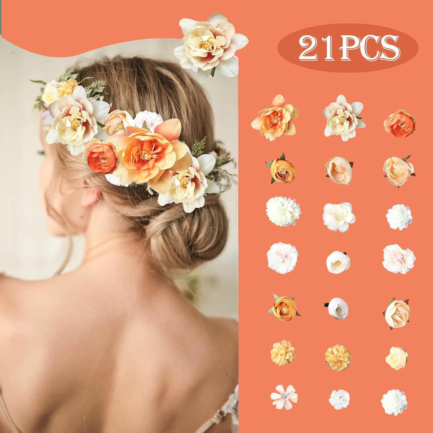Flower Hair Clips, Pack of 21 Orange Flowers Hair Clips, Artificial Flower Hair Clips, Flower Hair Accessories for Party, Beach, Wedding, Event Decoration