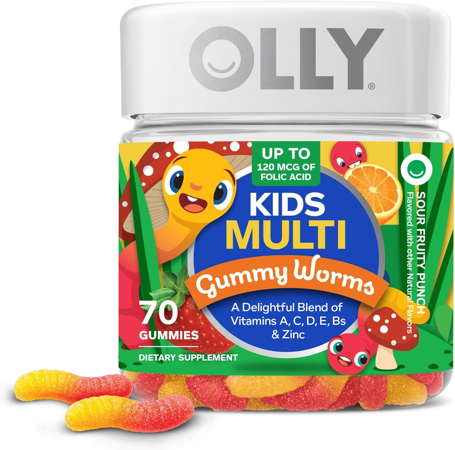 OLLY Kids Multivitamin Gummy Worms, Overall Health and Immune Support, Vitamins and Minerals A, C, D, E, Bs and Zinc, Chewable Supplement, Sour Fruit Punch, 45 Day Supply (70 Count) image number 3