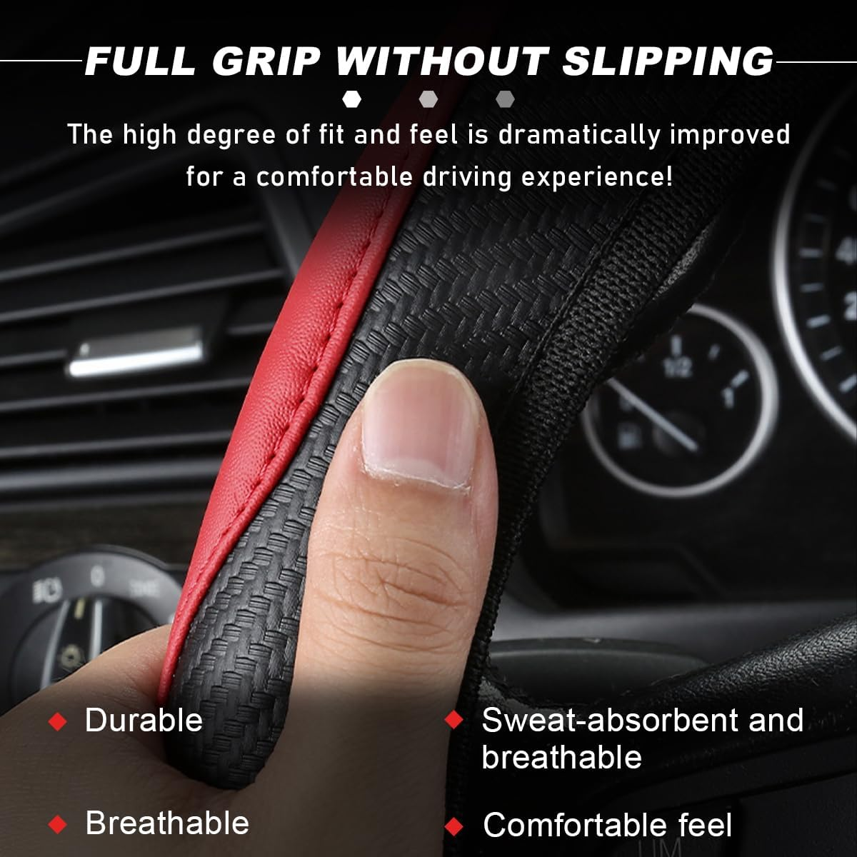 DXNQ Car Steering Wheel Cover, 15 Inch Carbon Fiber Leather Stitching Color Steering Wheel Protector, Anti-Slip Elastic Breathable Steering Wheel Cover Stylish Decor for Most Cars (Black&Red)