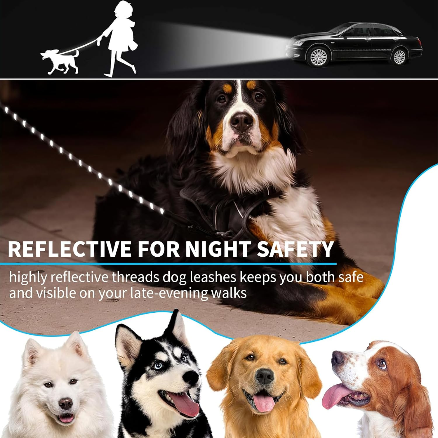 1.2M Non-Slip Lead Dog Leashes with Comfortable Padded Handle, Anti-Choking Rope Dog Non-Slip Leash, Reflective Strong Sturdy Heavy Duty Rope Leash, Dog Training Leash for Medium Large Dogs (Black) image number 5