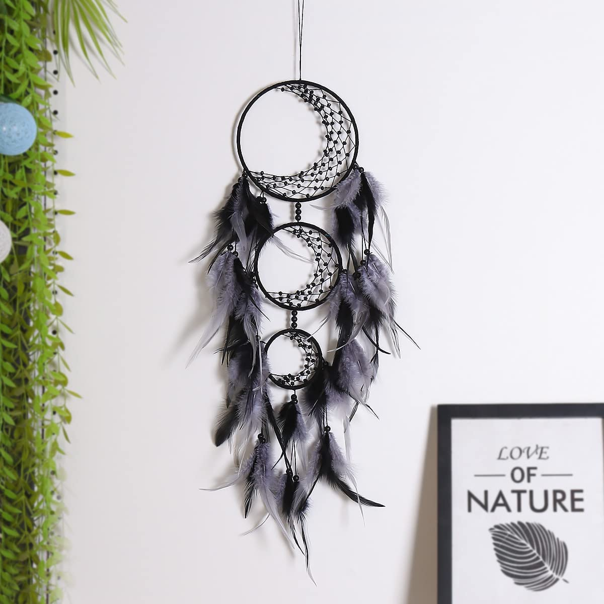 Zingtsing 3 Rings Moon Dream Catcher Hanging Decor Dreamcatcher Wall Hanging Feather Ornaments for Living Room Decor (Black/Grey)