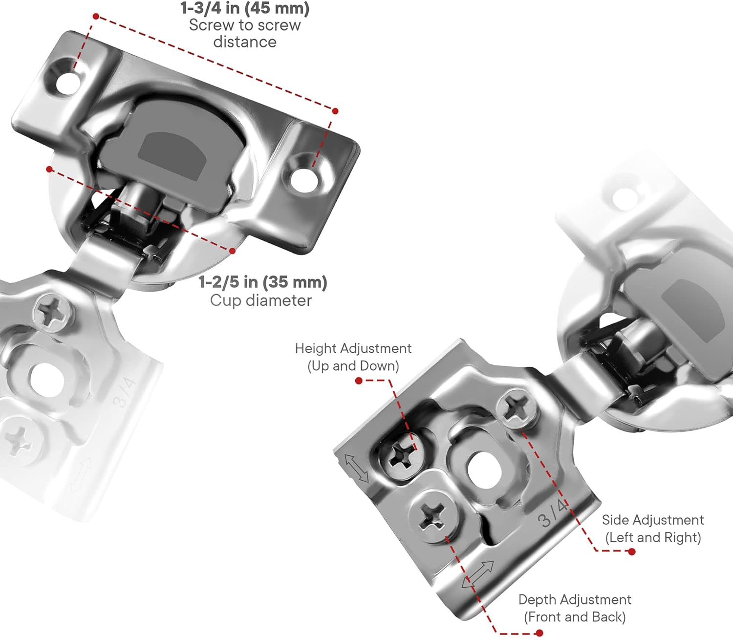 Berta 4-Pack, 3/4 Inch Overlay Soft Closing Face Frame Cabinet Hinges, 105 Degree 6-Ways 3-Cam Adjustment Concealed Kitchen Cabinet Door Hinges with Screws (3/4 In. Overlay, 4 Pieces) image number 2