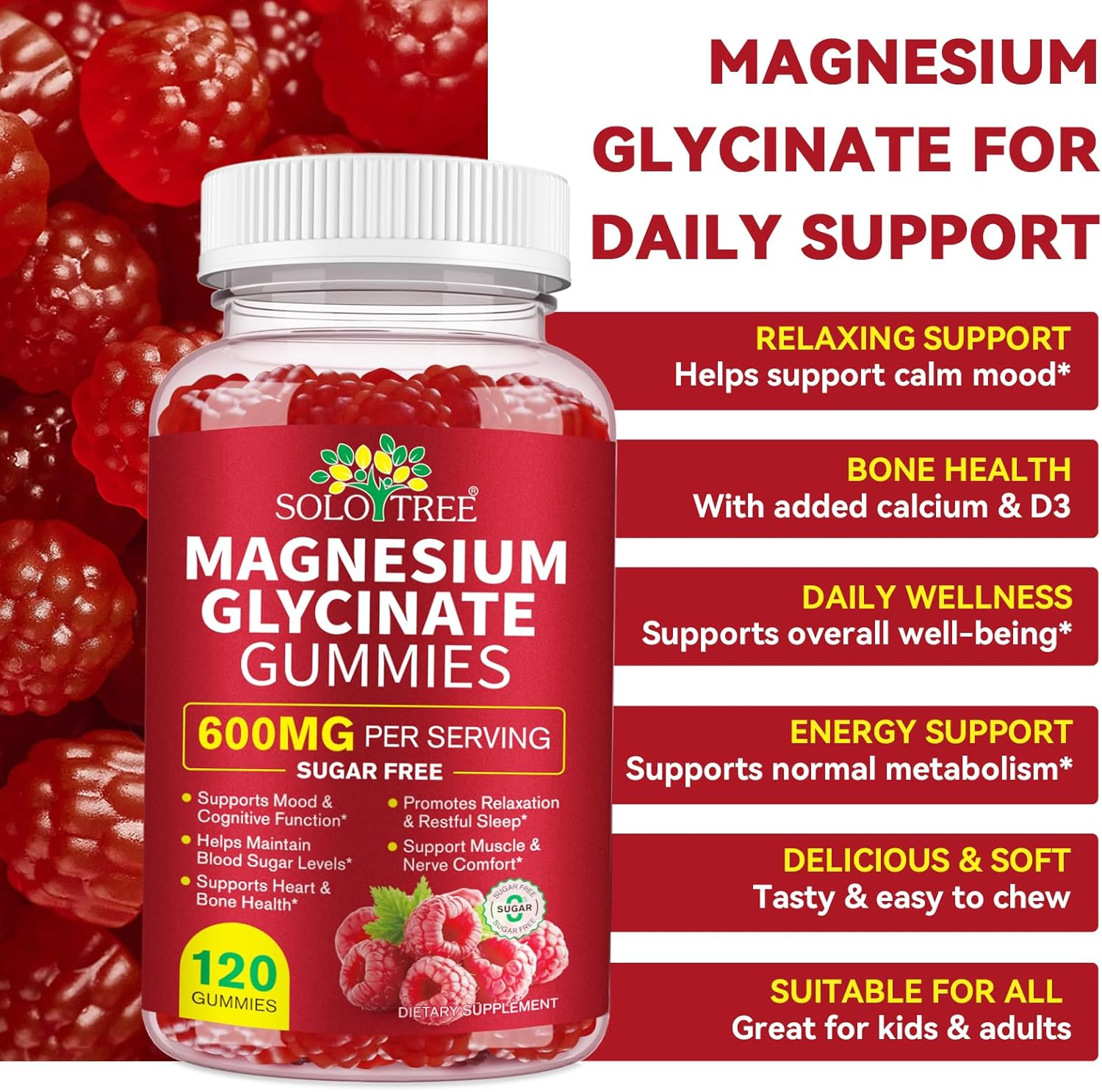 Magnesium Glycinate Gummies 600Mg | Calcium, Potassium, Vitamin D3 & B6 | Coq10 & Black Pepper | Sugar Free | Raspberry Flavour | 120 Gummies