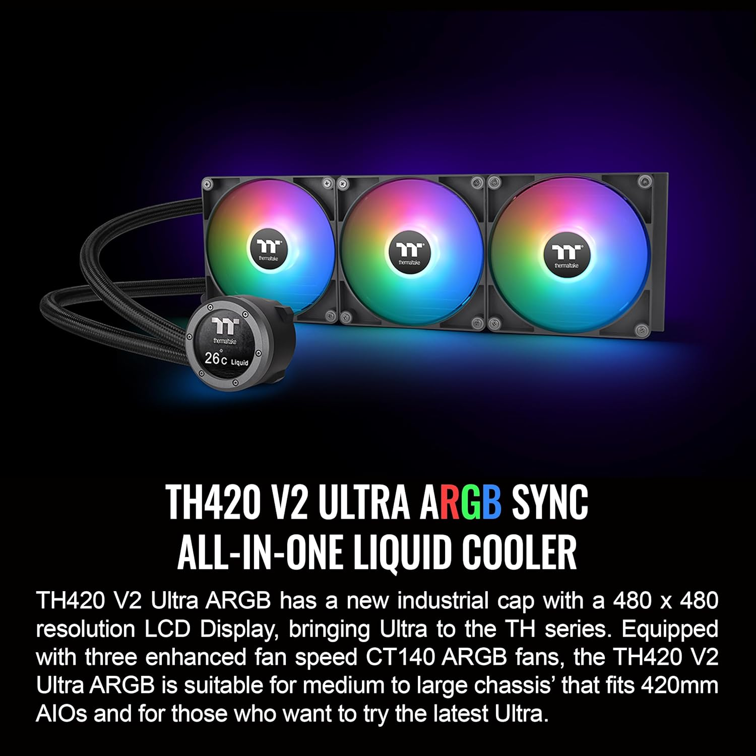 Thermaltake TH420 V2 Ultra ARGB Sync/Alo Liquid Cooler/Argb Fan 140 * 3/PWM 500~1800Rpm/Water Block 2.1" Lcd/Black, CL-W386-PL14SW-A image number 3