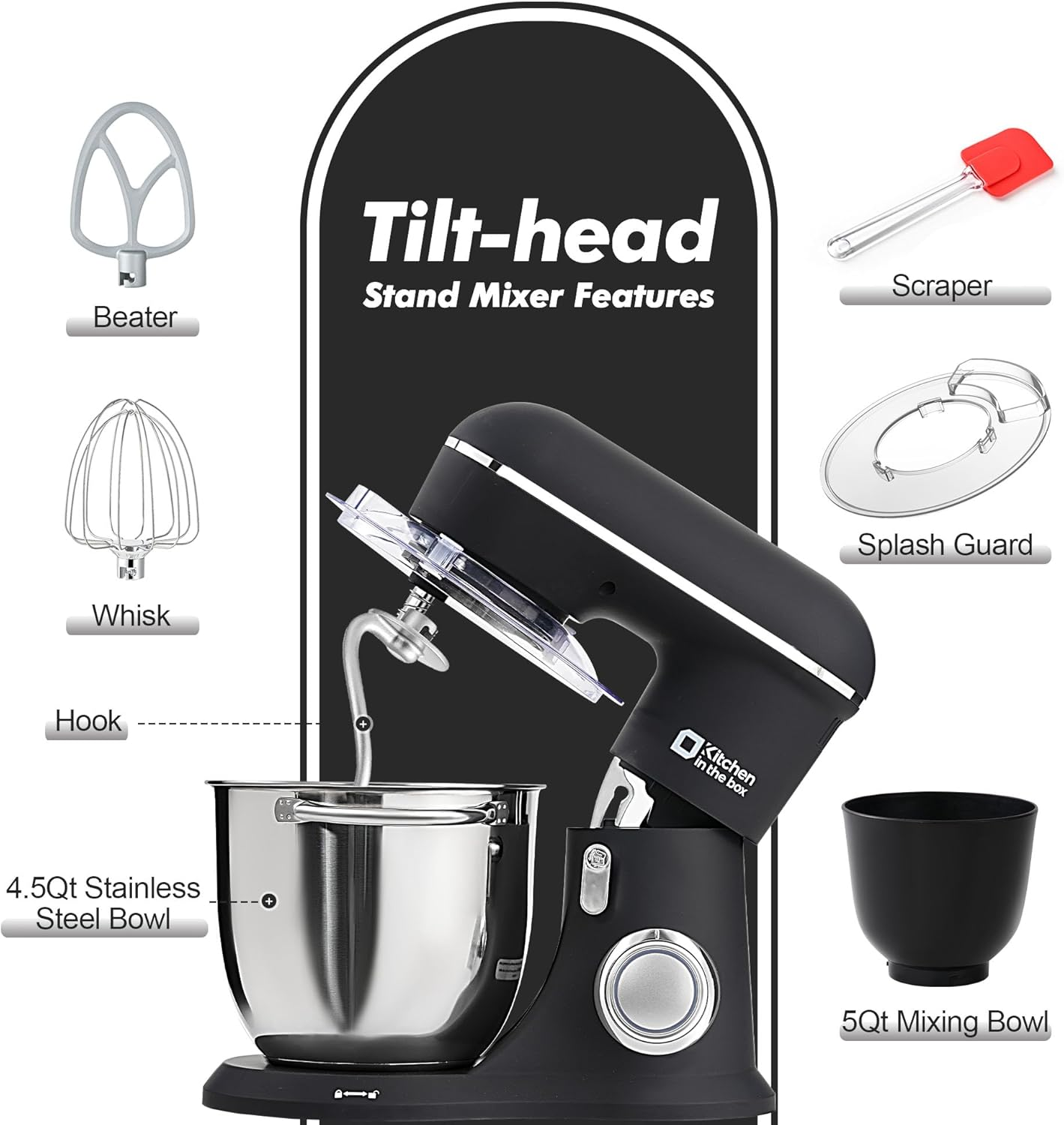 Kitchen in the Box Stand Mixer, 4.5 L & 5 L Mixer, 10+P Speed Dough Mixer with Dough Hook, Whisk and Beater,1300 W, Black image number 4
