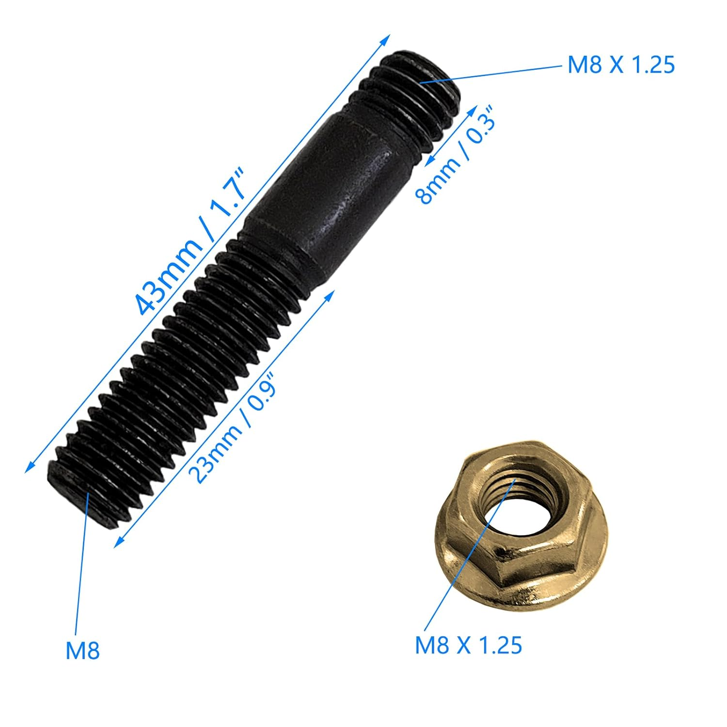 8 Sets 10.9 M8 X 43 CU SW13 M8 X 1.25 Stud Bolt Pin Screw Exhaust Manifold High Strength